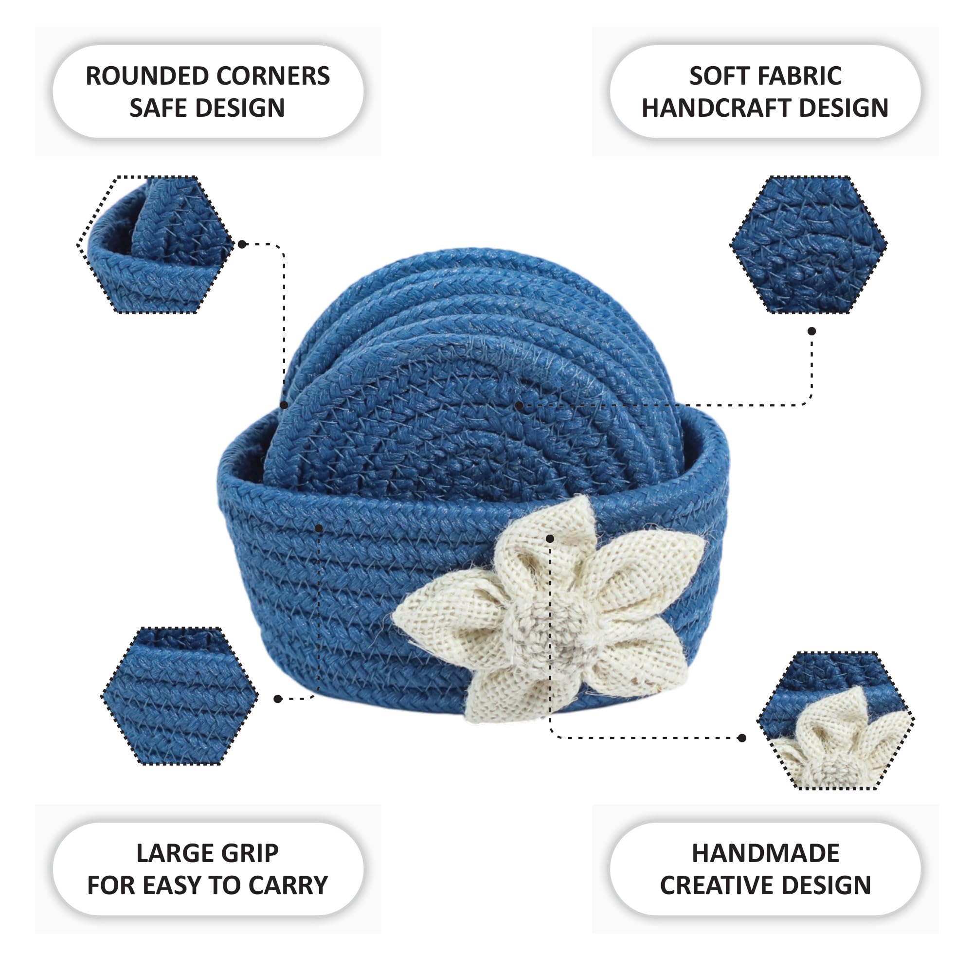 Ariya 6 Psc PP & Cotton Blend Blue Coasters (6 Inch) - Absorbent, Woven, Ideal for Room, Hotel, Bar, Housewarming Gift