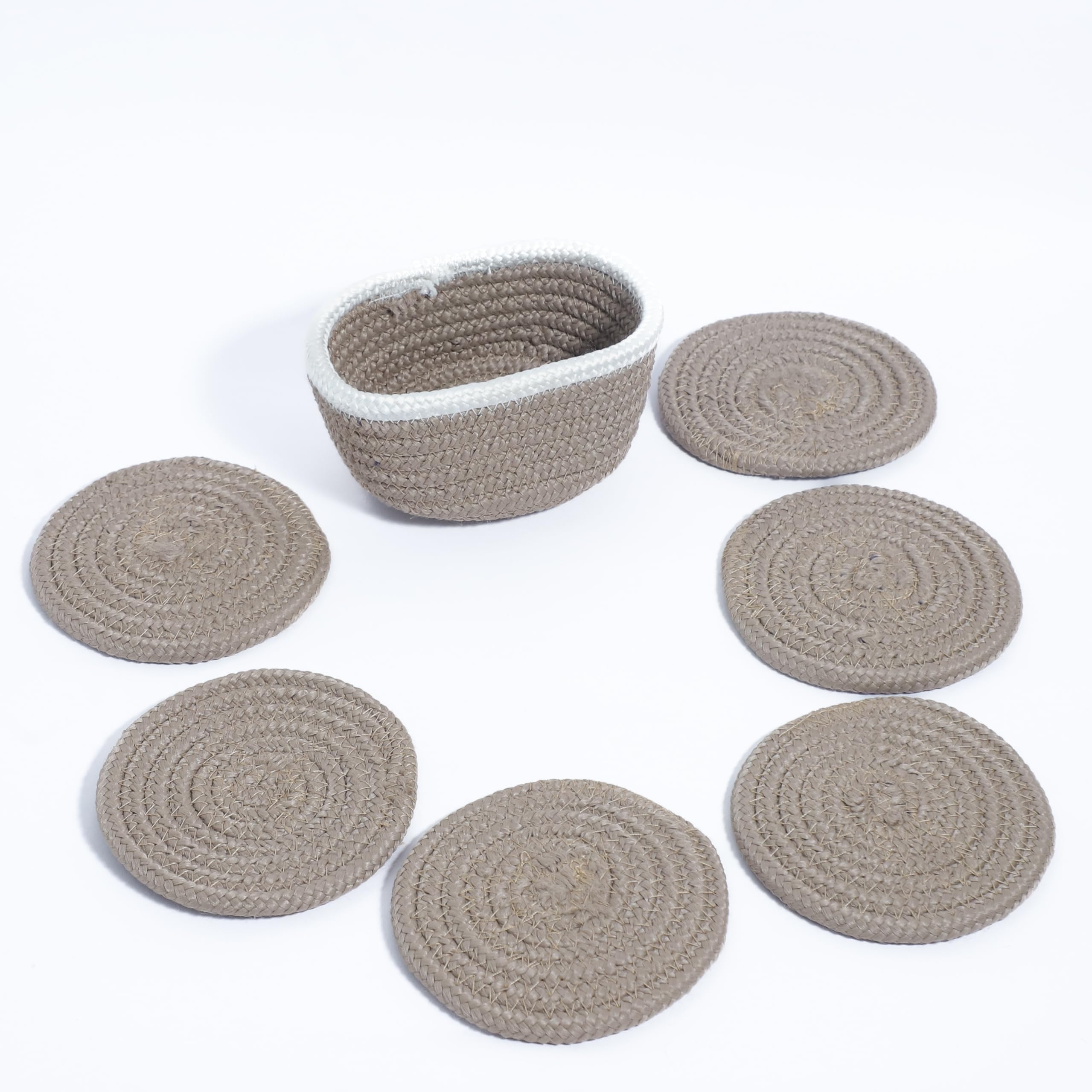 Ariya 6 Psc PP & Cotton Blend Beige Coasters (6 Inch) - Absorbent, Woven, Ideal for Room, Hotel, Bar, Housewarming Gift