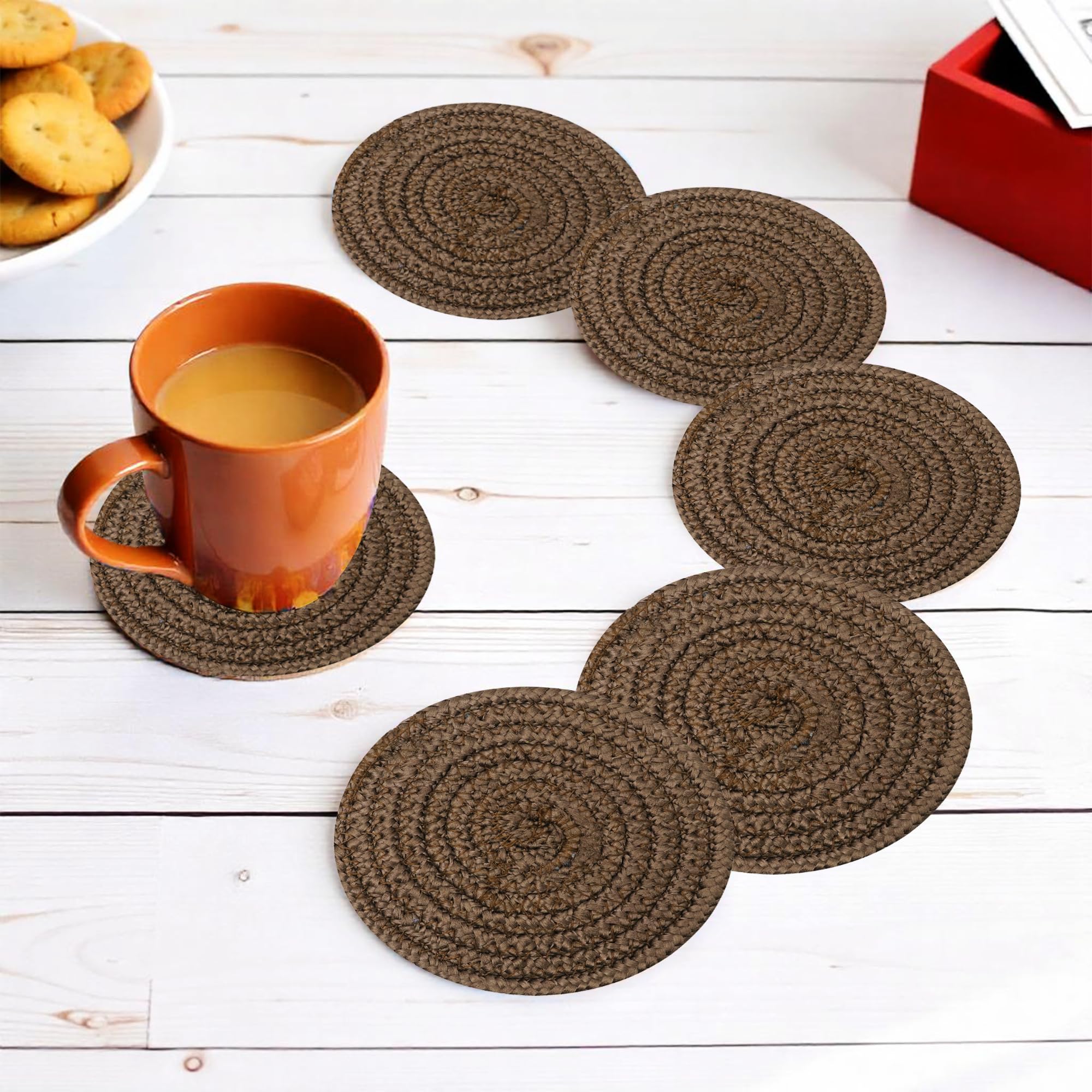 Ariya 4 Inch Round Coaster Set (4049 | Brown | Pack of 6) Handcrafted PP & Cotton Blend Coaster, Durable, Drink Mats for Coffee Tables, Dining, Office & Home Décor