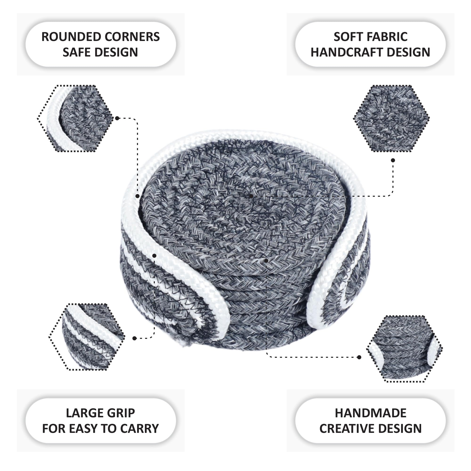 Ariya 6 Psc PP & Cotton Blend Grey Coasters (6 Inch) - Absorbent, Woven, Ideal for Room, Hotel, Bar, Housewarming Gift