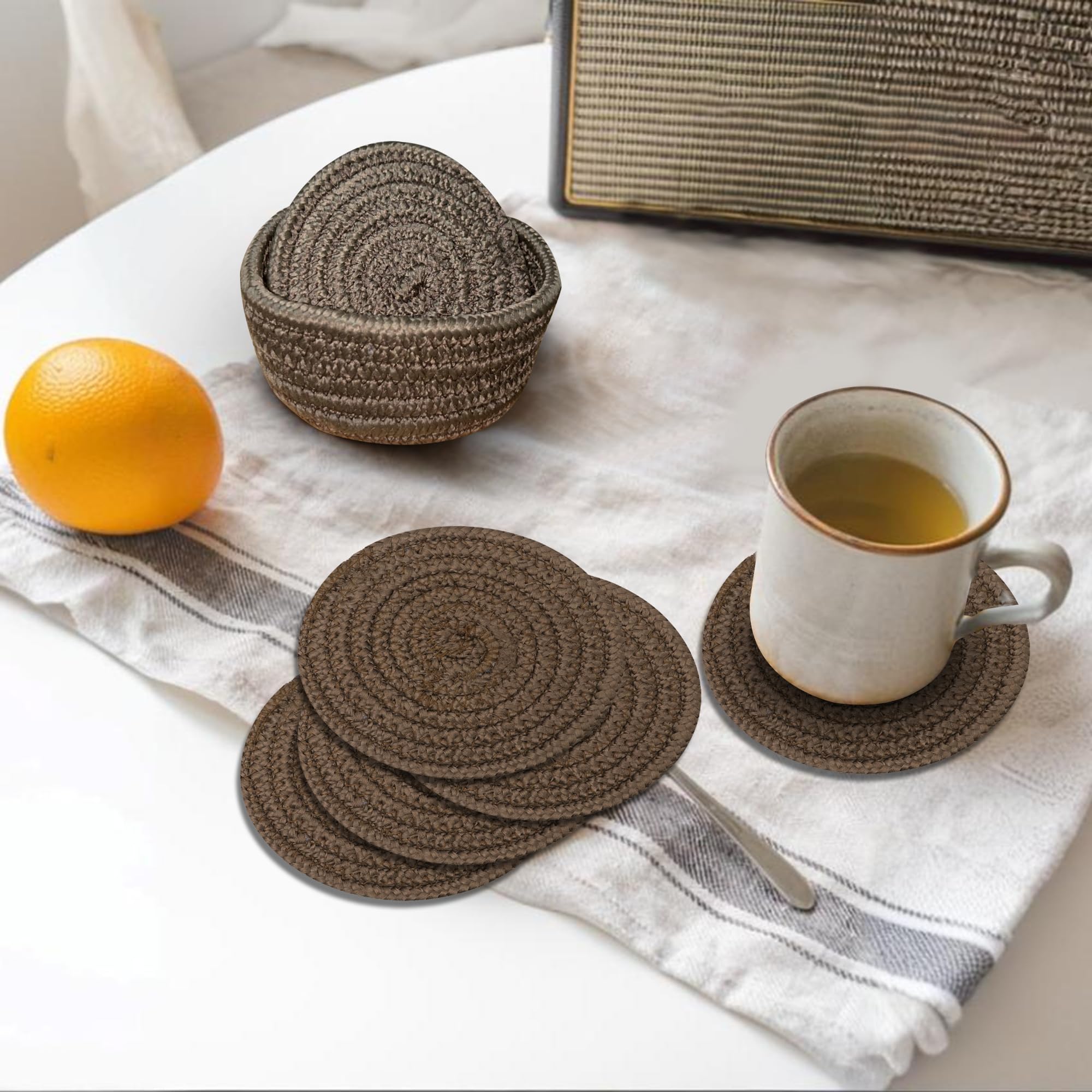 Ariya 4 Inch Round Coaster Set (4049 | Brown | Pack of 6) Handcrafted PP & Cotton Blend Coaster, Durable, Drink Mats for Coffee Tables, Dining, Office & Home Décor