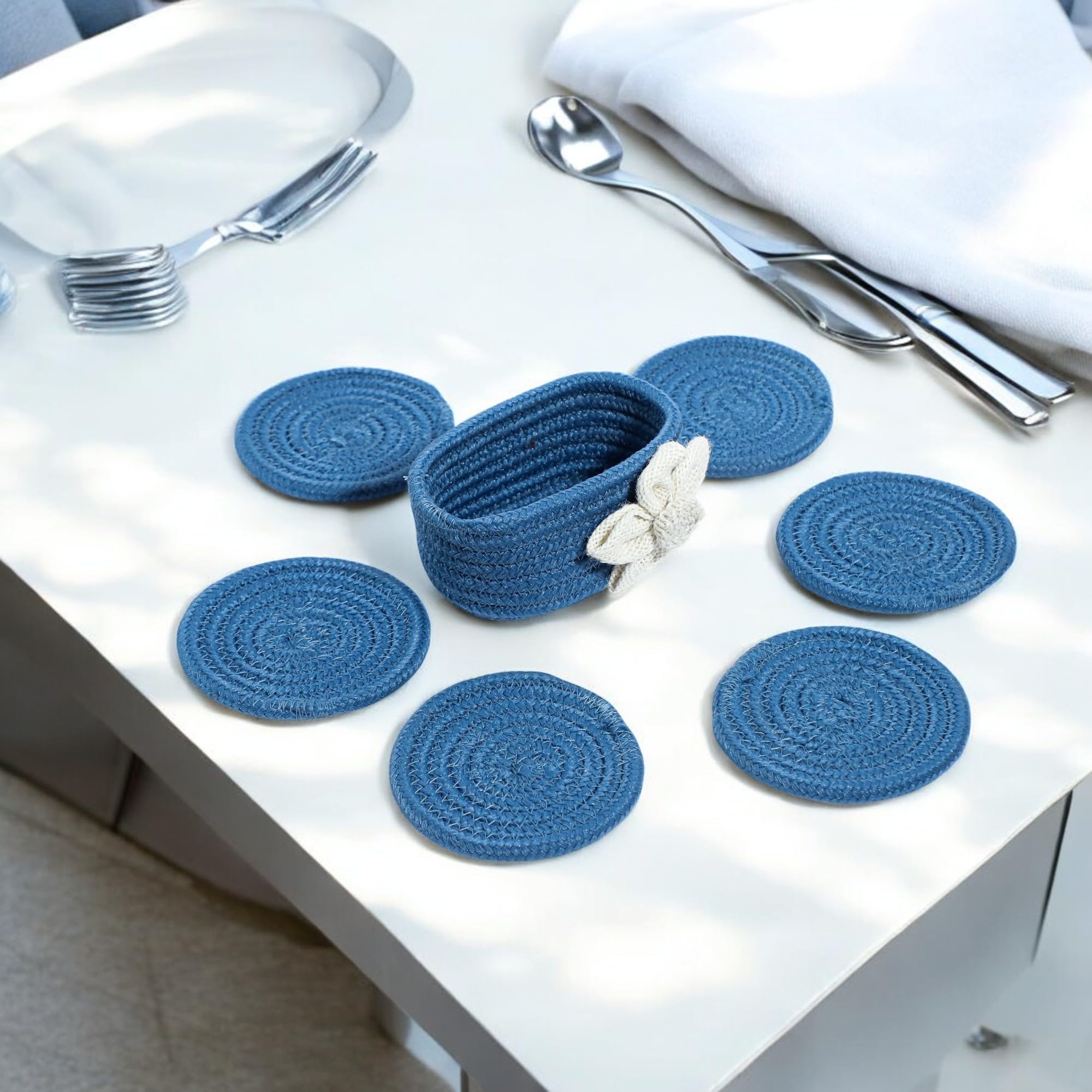 Ariya 6 Psc PP & Cotton Blend Blue Coasters (6 Inch) - Absorbent, Woven, Ideal for Room, Hotel, Bar, Housewarming Gift