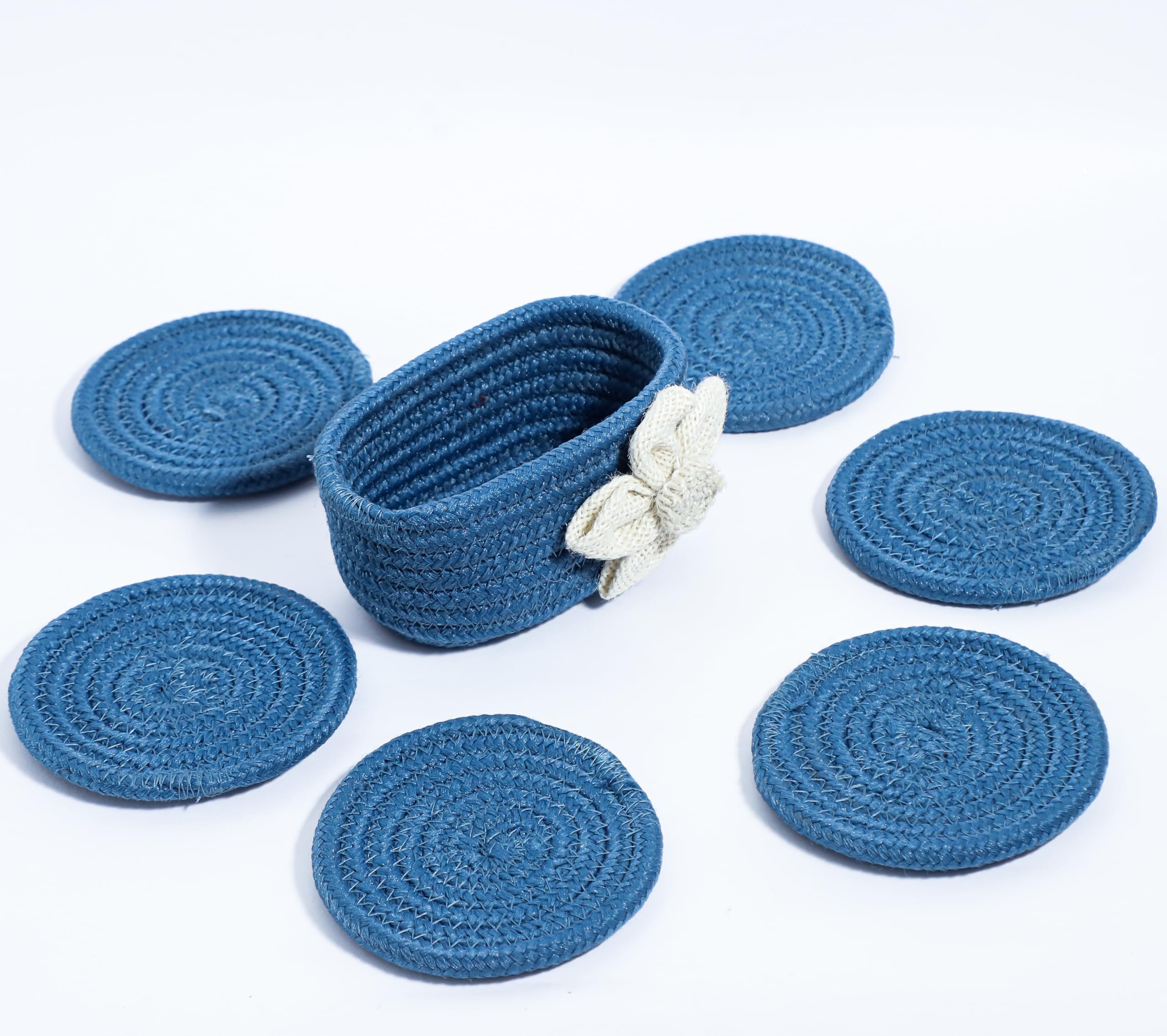 Ariya 6 Psc PP & Cotton Blend Blue Coasters (6 Inch) - Absorbent, Woven, Ideal for Room, Hotel, Bar, Housewarming Gift