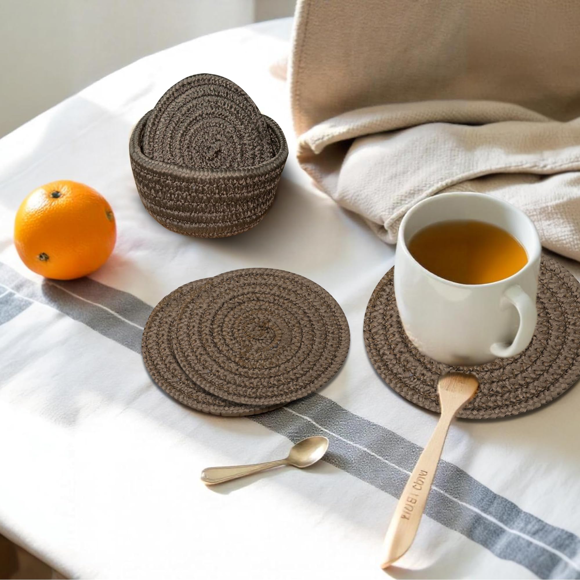 Ariya 4 Inch Round Coaster Set (4049 | Coffee | Pack of 6) Handcrafted PP & Cotton Blend Coaster, Durable, Drink Mats for Coffee Tables, Dining, Office & Home Décor
