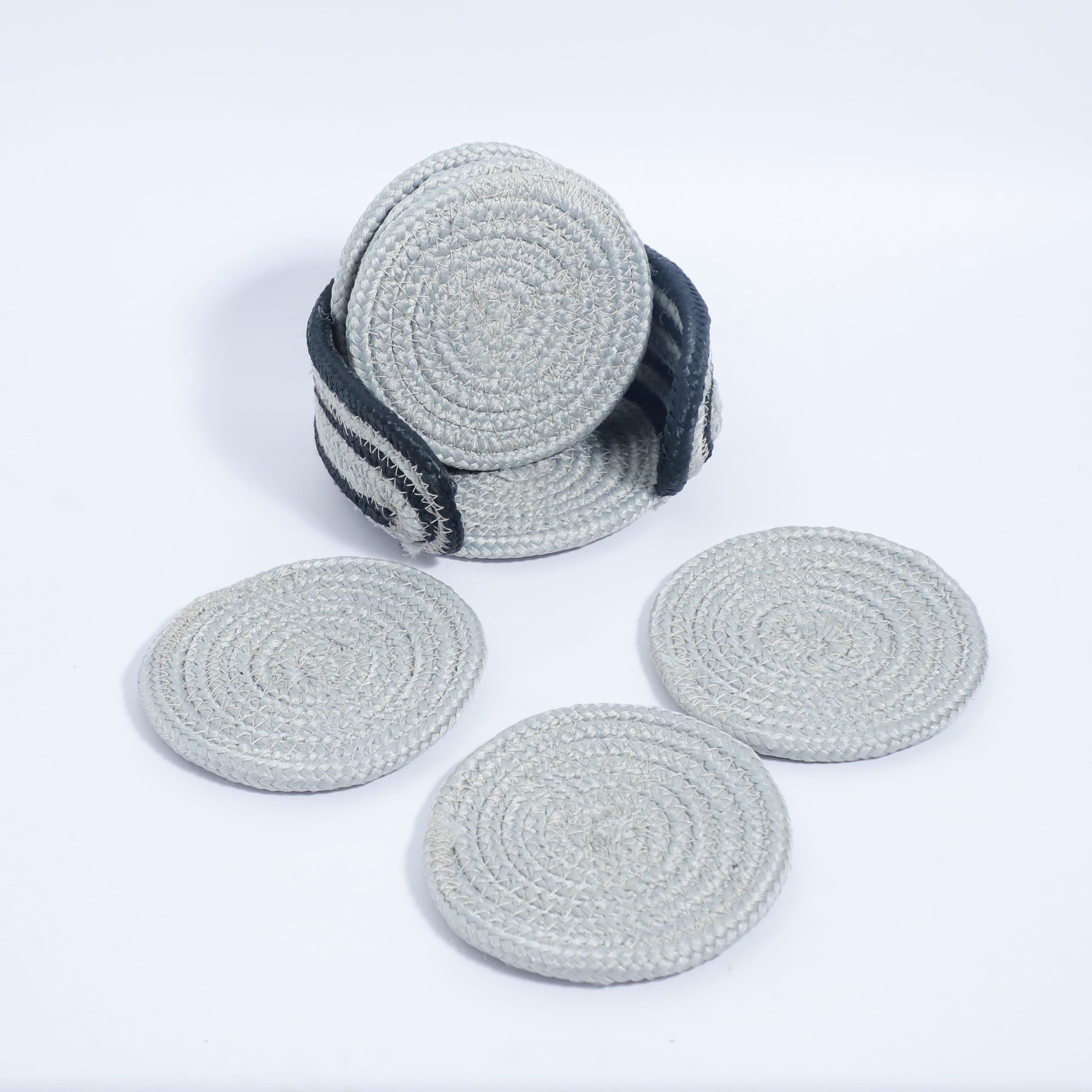 Ariya 6 Psc PP & Cotton Blend Light Grey Coasters (6 Inch) - Absorbent, Woven, Ideal for Room, Hotel, Bar, Housewarming Gift
