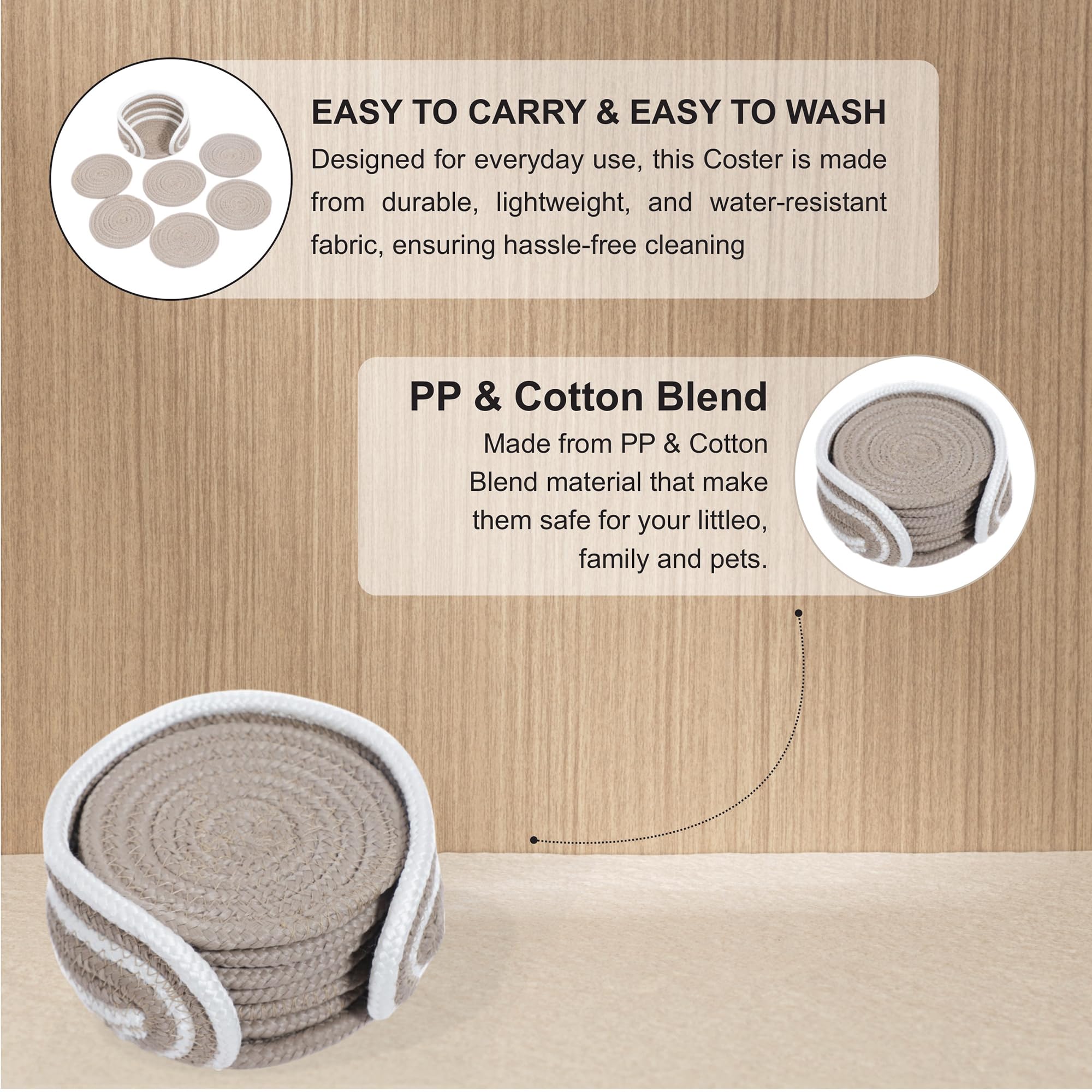 Ariya 6 Psc PP & Cotton Blend Beige Coasters (6 Inch) - Absorbent, Woven, Ideal for Room, Hotel, Bar, Housewarming Gift