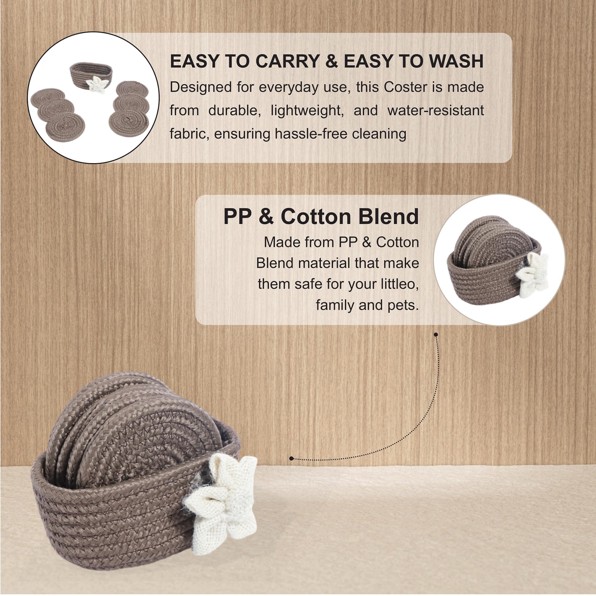 Ariya 6 Psc PP & Cotton Blend Brown Coasters (6 Inch) - Absorbent, Woven, Ideal for Room, Hotel, Bar, Housewarming Gift