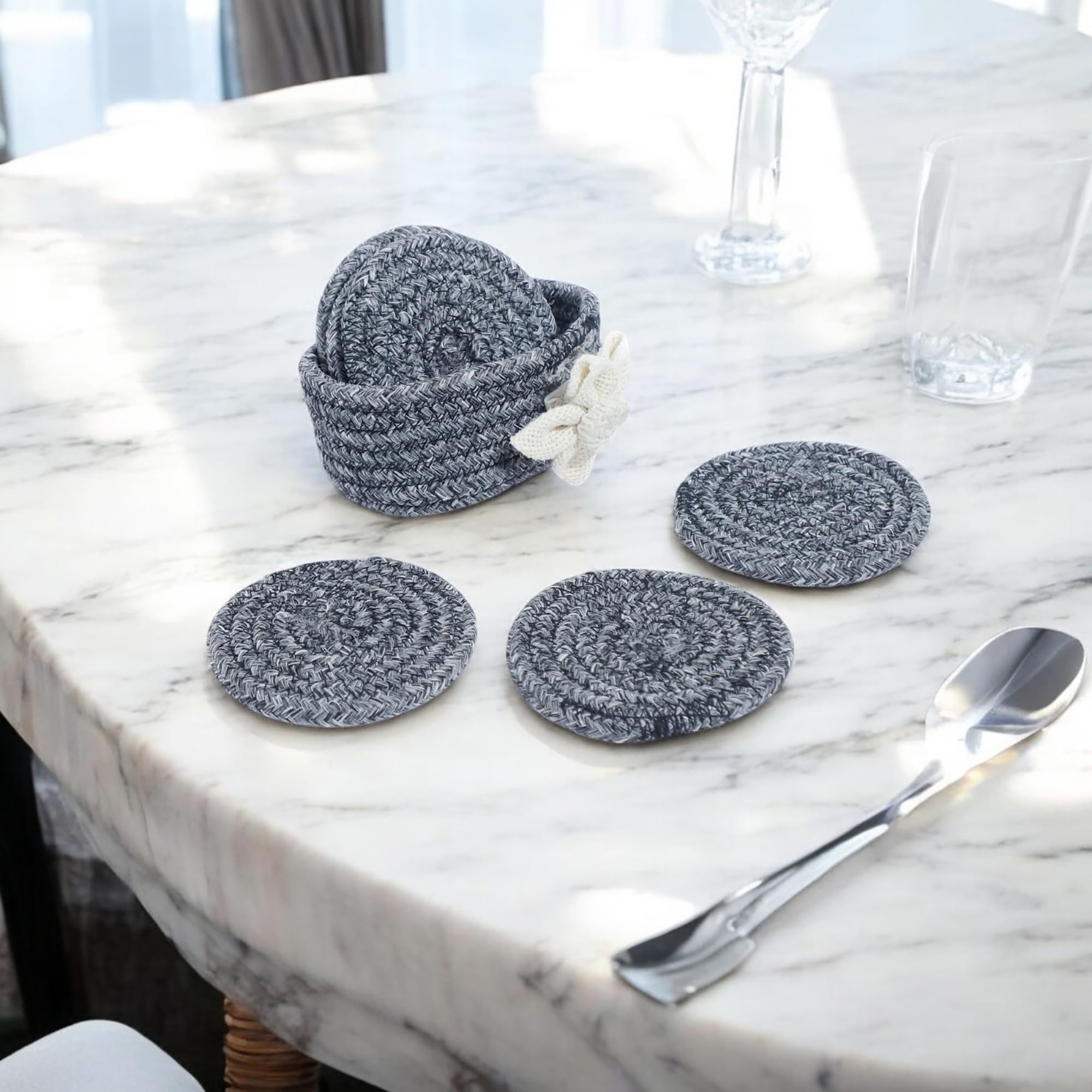 Ariya 6 Psc PP & Cotton Blend Grey Coasters (6 Inch) - Absorbent, Woven, Ideal for Room, Hotel, Bar, Housewarming Gift