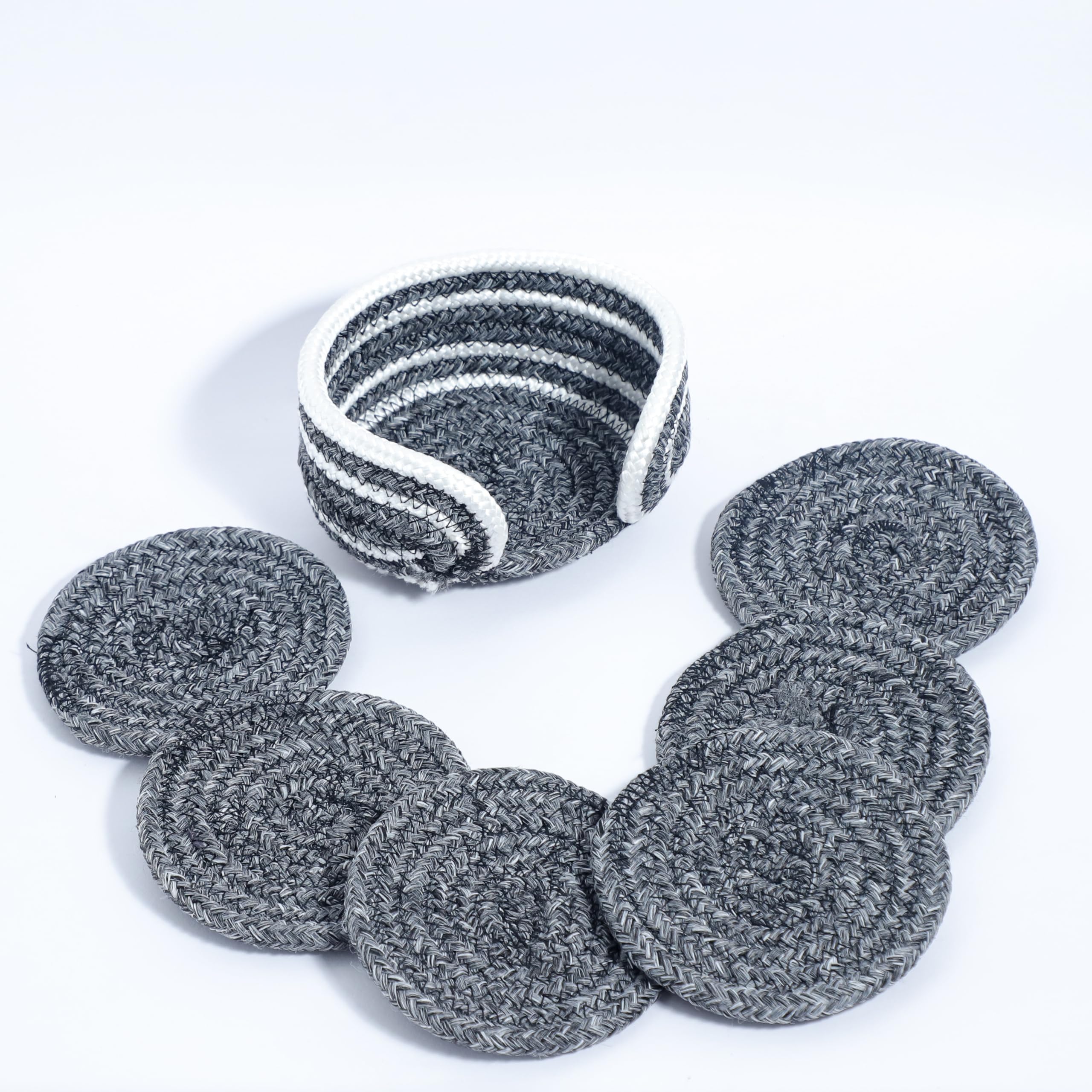 Ariya 6 Psc PP & Cotton Blend Grey Coasters (6 Inch) - Absorbent, Woven, Ideal for Room, Hotel, Bar, Housewarming Gift