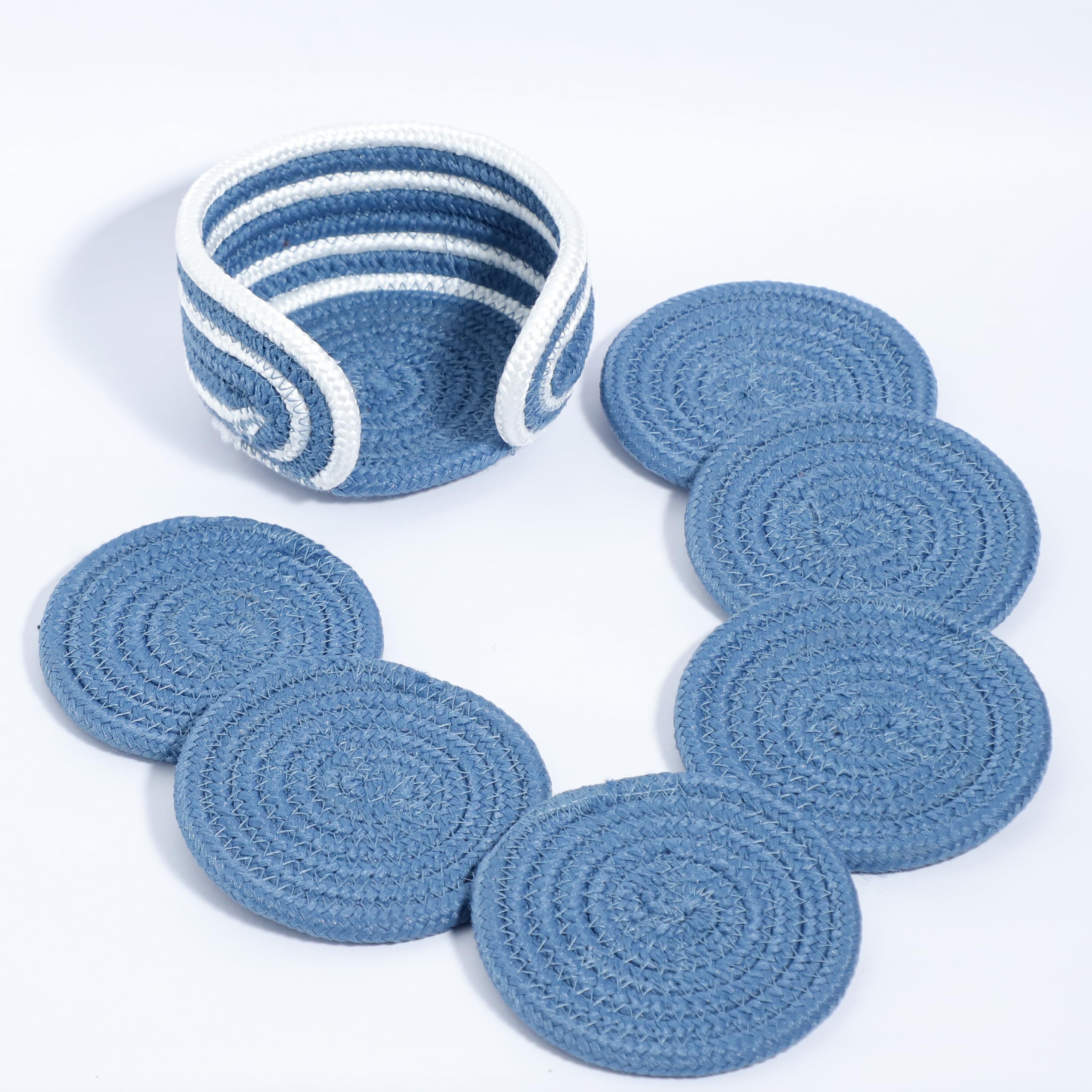 Ariya 6 Psc PP & Cotton Blend Blue Coasters (6 Inch) - Absorbent, Woven, Ideal for Room, Hotel, Bar, Housewarming Gift