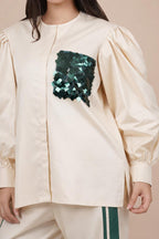 Ariya Threads Women’s Ivory Co-Ord Set with Green Sequin Patch & Side Stripe Pants