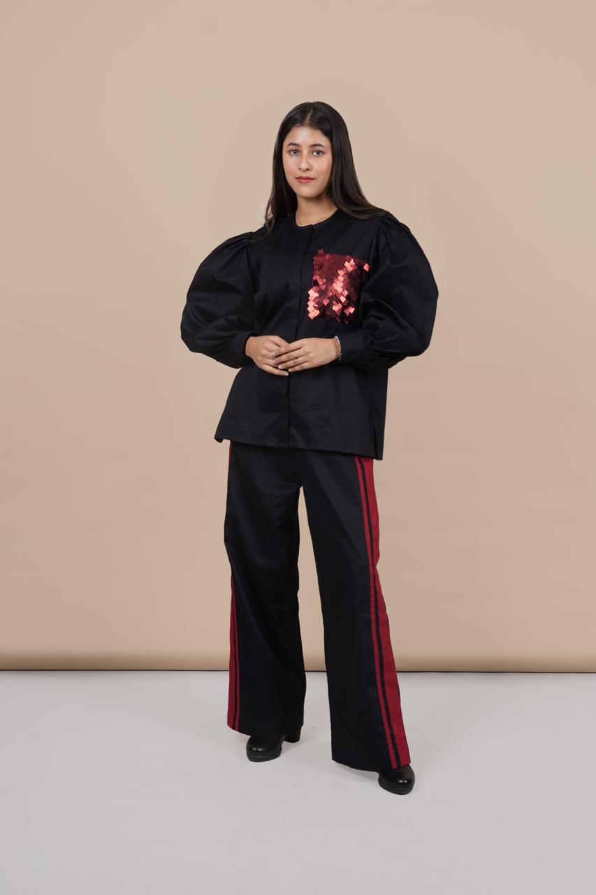 Ariya Threads Women’s Black Co-Ord Set with Red Sequin Pocket & Contrast Stripe Pants