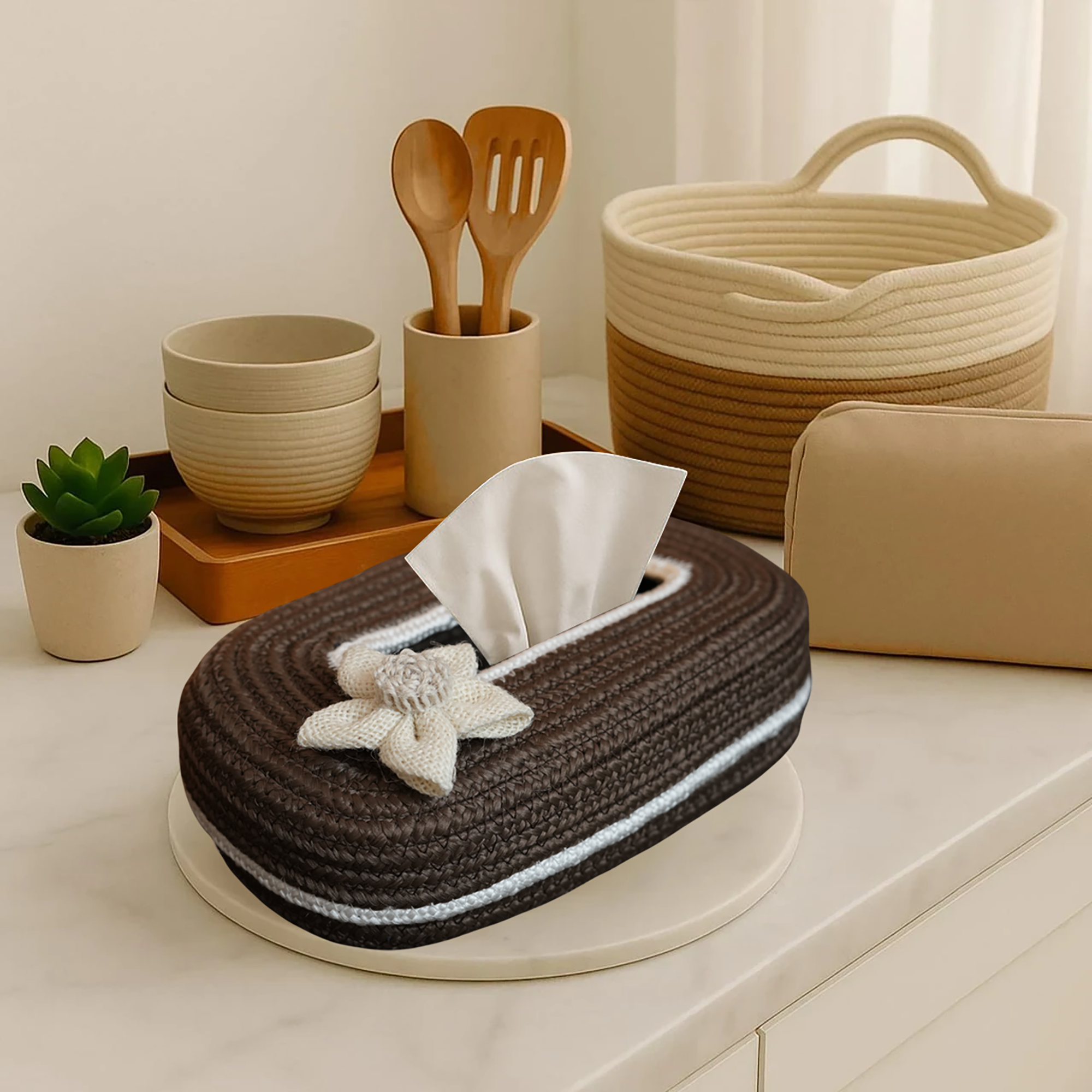 Ariya Brown White Line Tissue Box With White Flower | Elegant Durable Holder