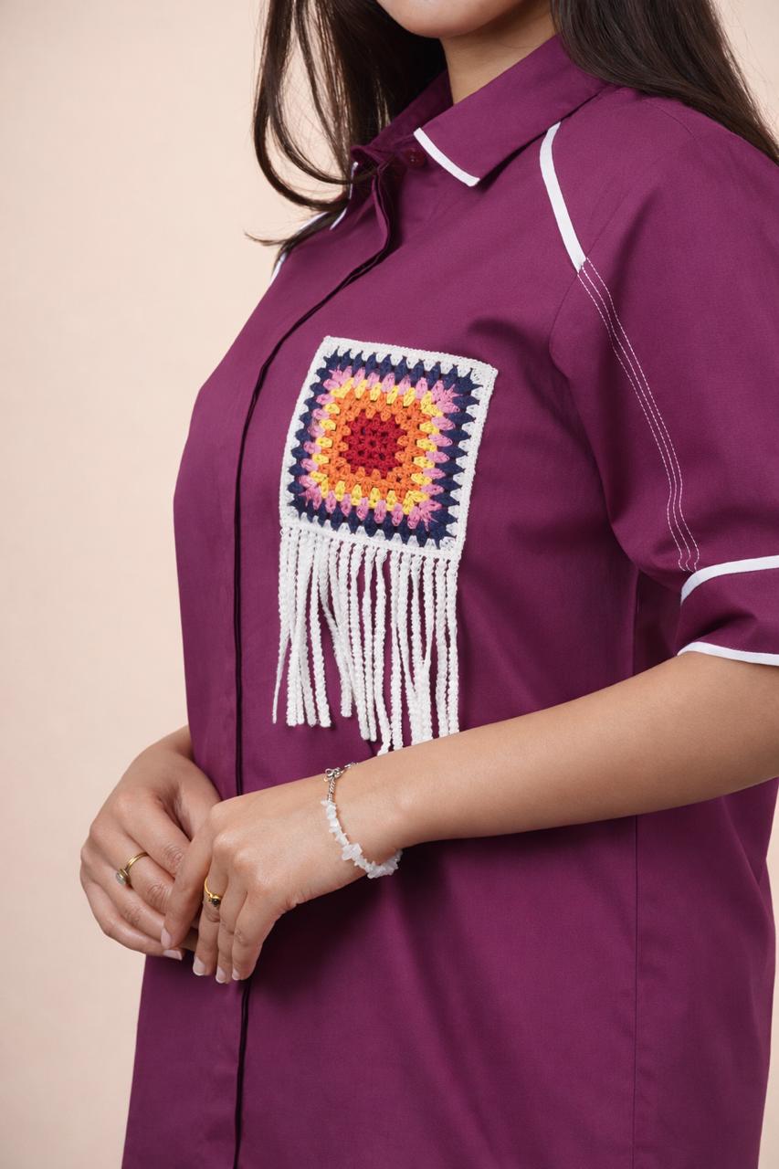 Ariya Threads Women’s Statement Co-Ord Set with Handcrafted Crochet Patch – Wine