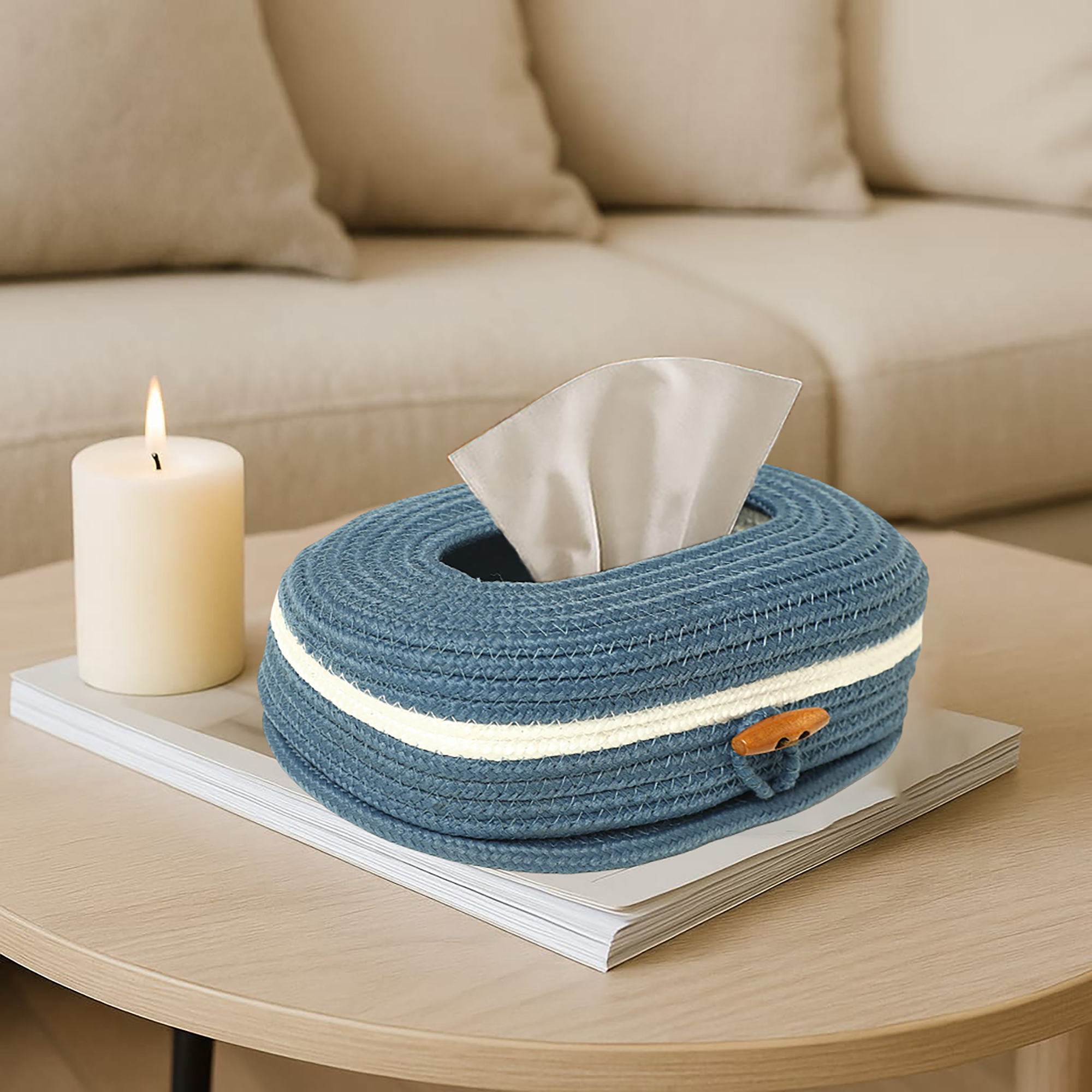 Ariya Blue Tissue Box With Wooden Button | Elegant Durable Holder