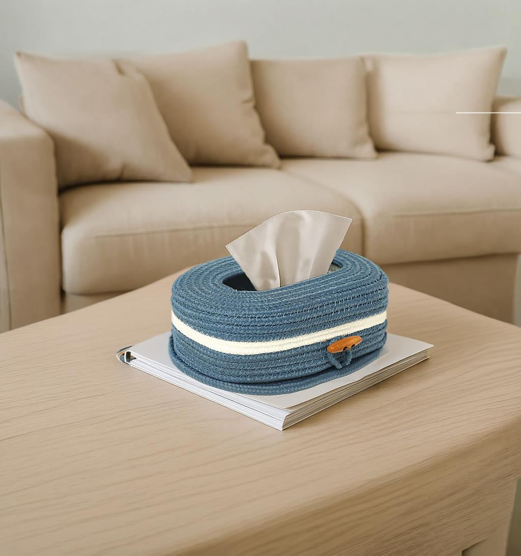 Cotton Tissue Box Holder - Blue Wooden Button