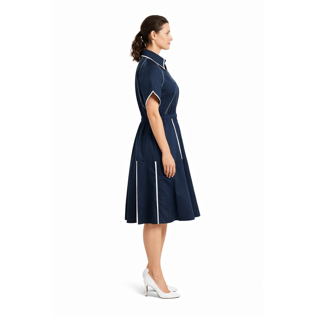 Ariya Threads Navy Blue A-Line Shirt Dress with Contrast Piping