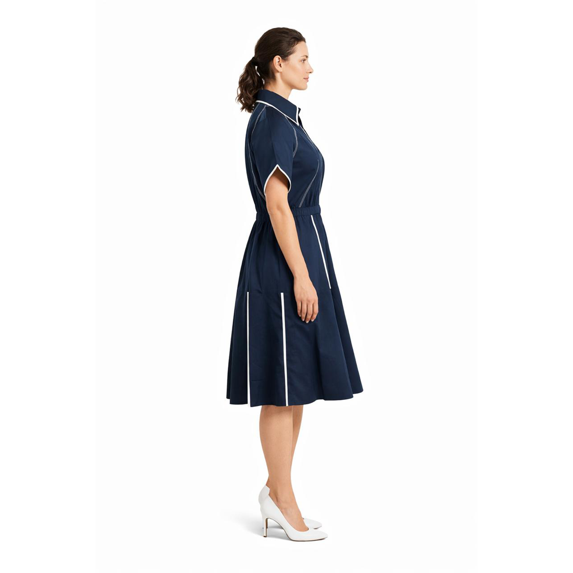 Ariya Threads Navy Blue A-Line Shirt Dress with Contrast Piping
