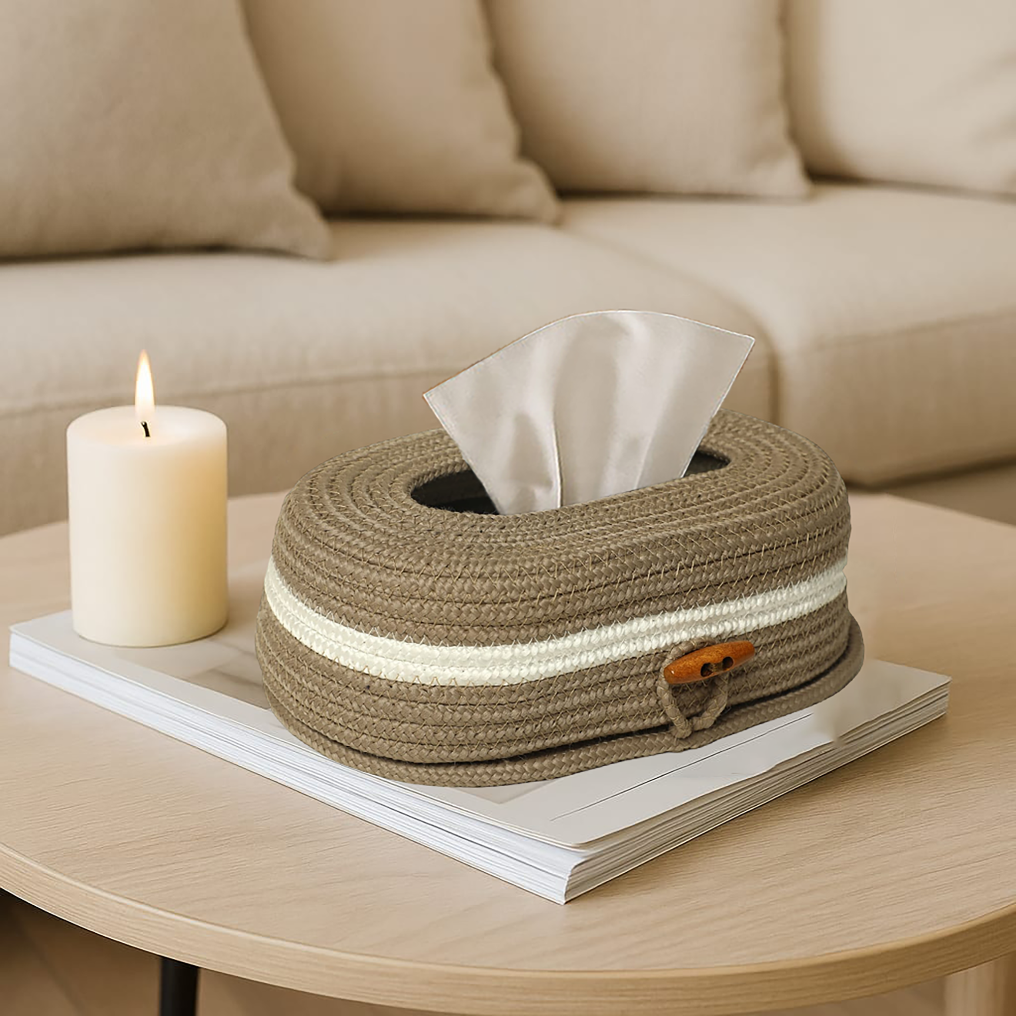 Ariya Beige White Line Tissue Box With Wooden Button Elegant Durable Holder
