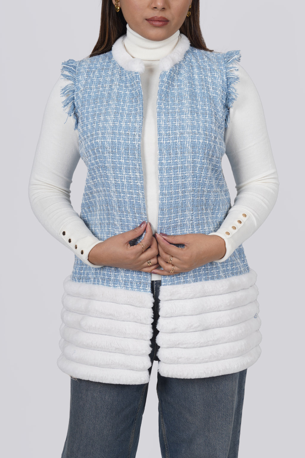 Ariya Threads Blue Frost Tweed Fur Jacket – Winter Warm Stylish