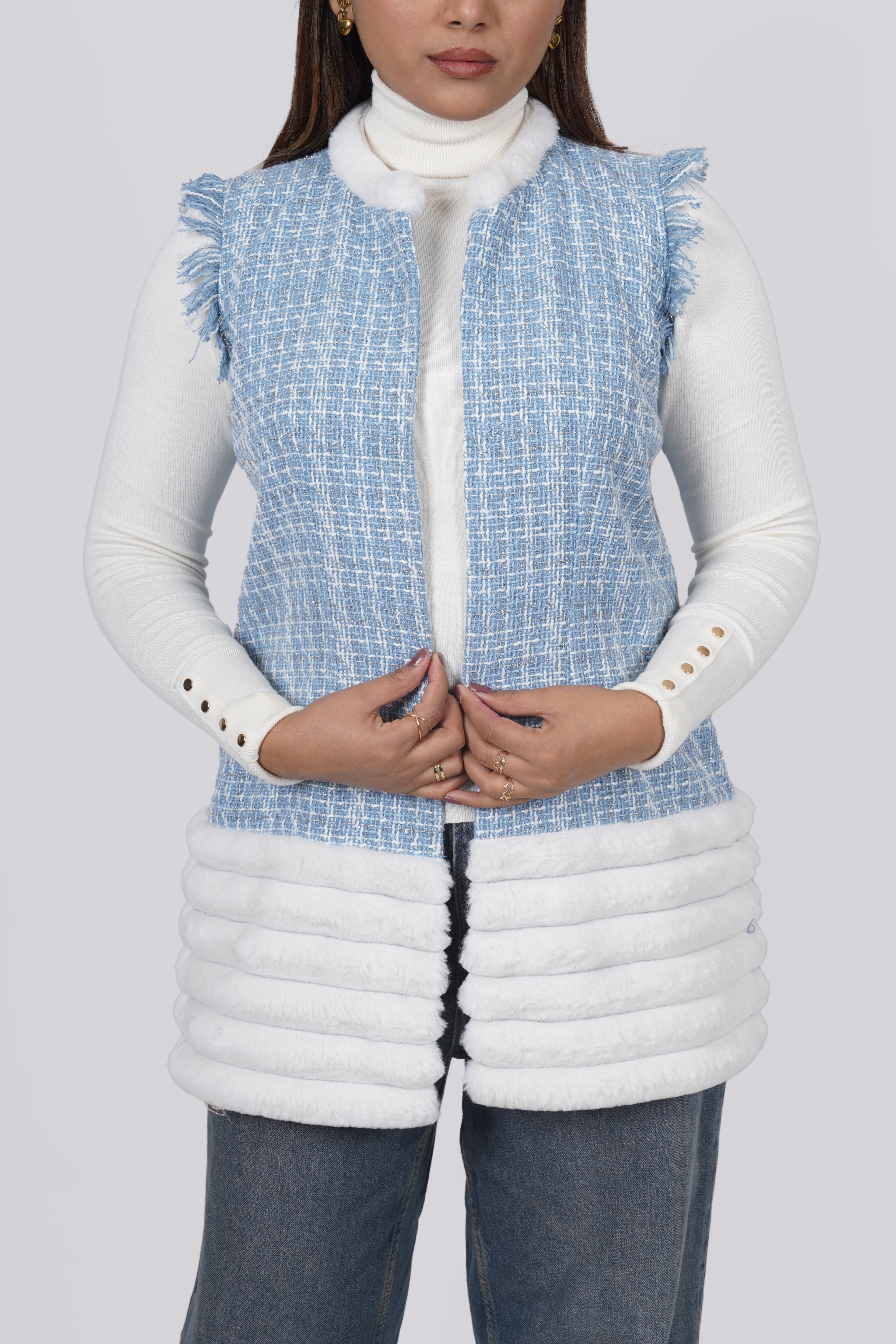 Ariya Threads Blue Frost Tweed Fur Jacket – Winter Warm Stylish