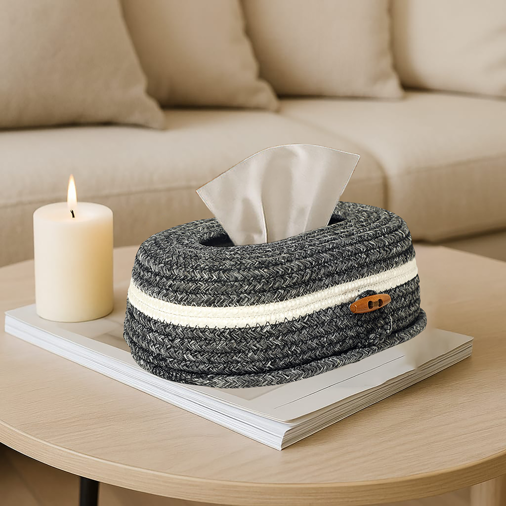 Ariya Grey Tissue Box With Wooden Button | Elegant Durable Holder