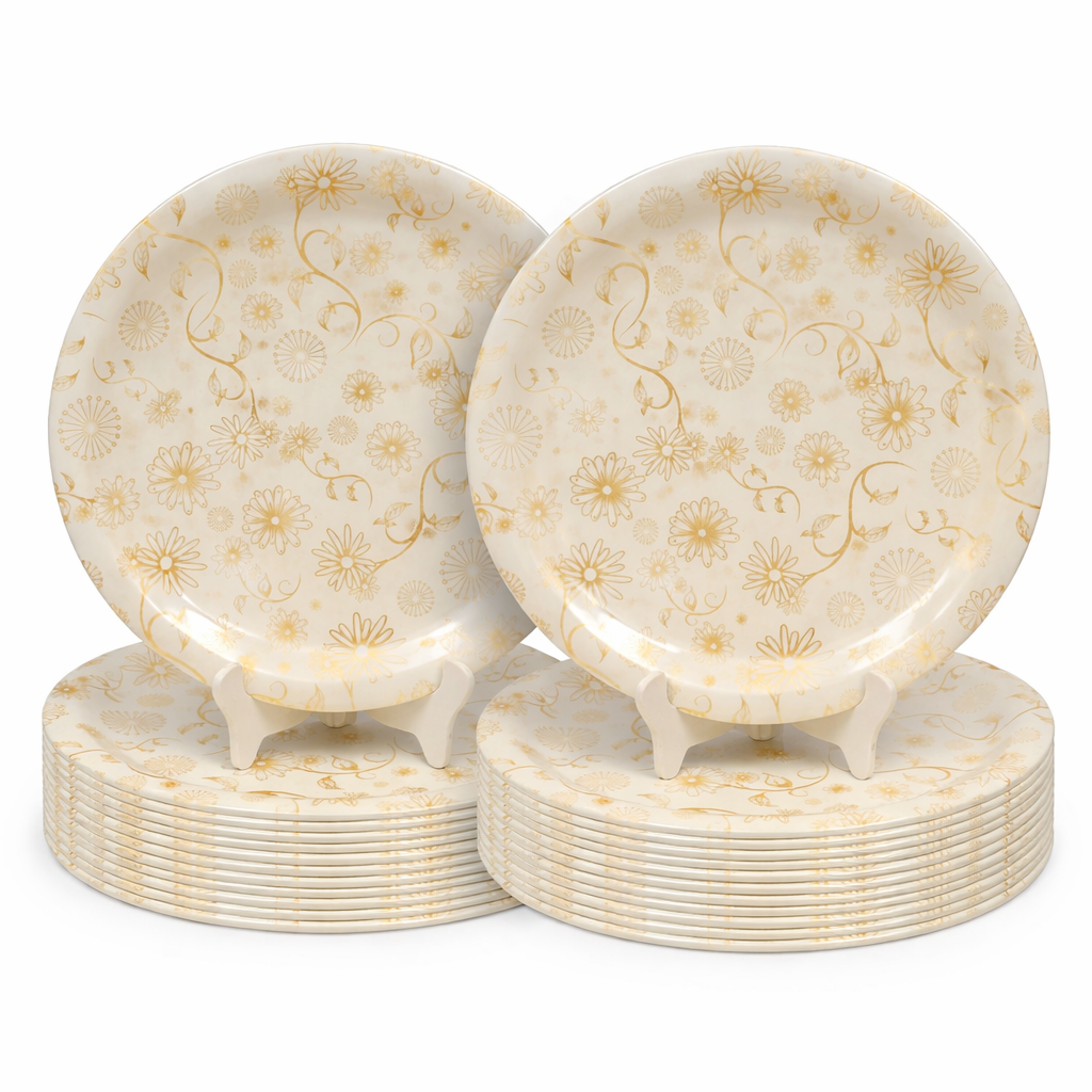 Ariya Melamine Dinner Plates 13 Inch Set of 24 | Golden Blossom