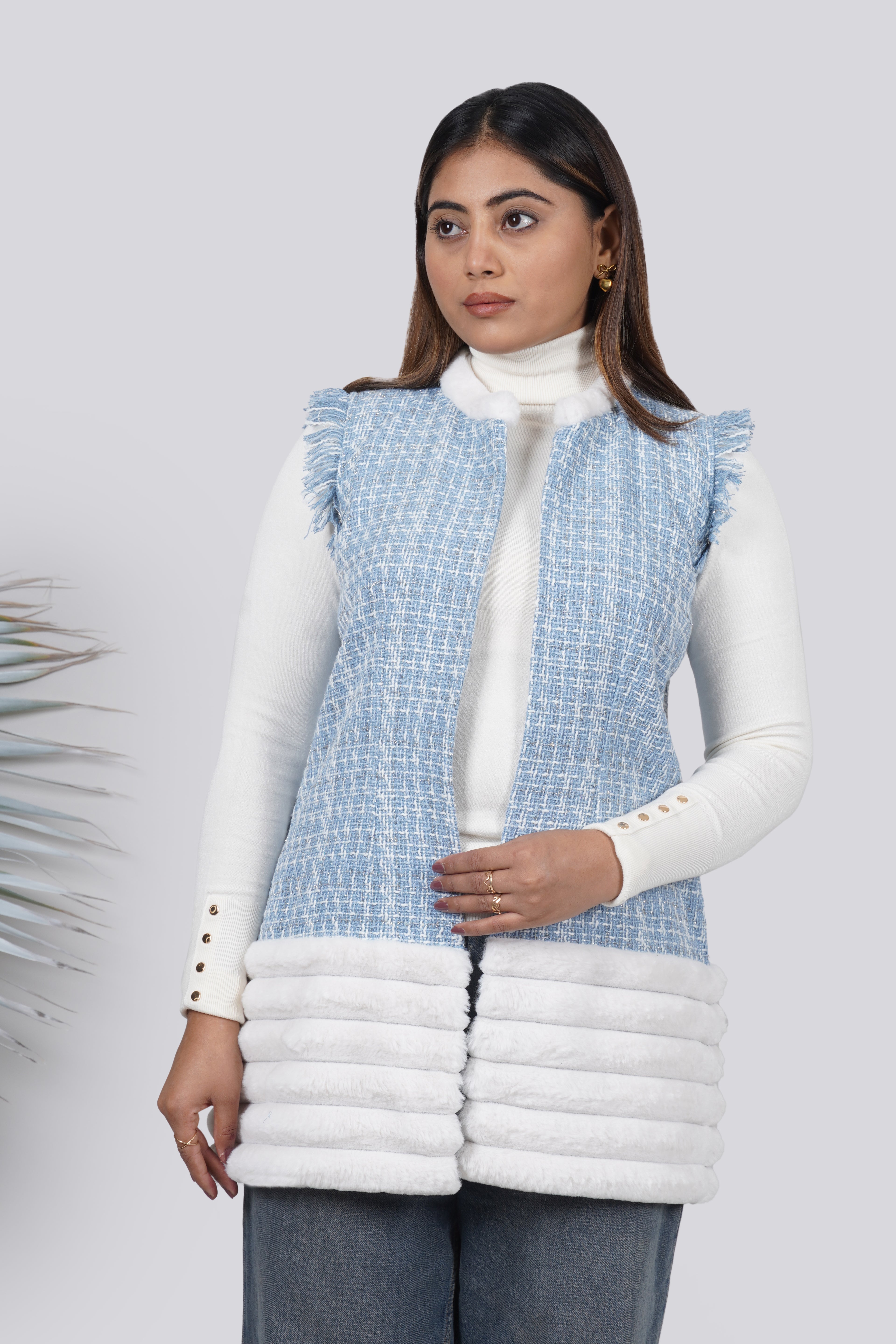 Ariya Threads Blue Frost Tweed Fur Jacket – Winter Warm Stylish