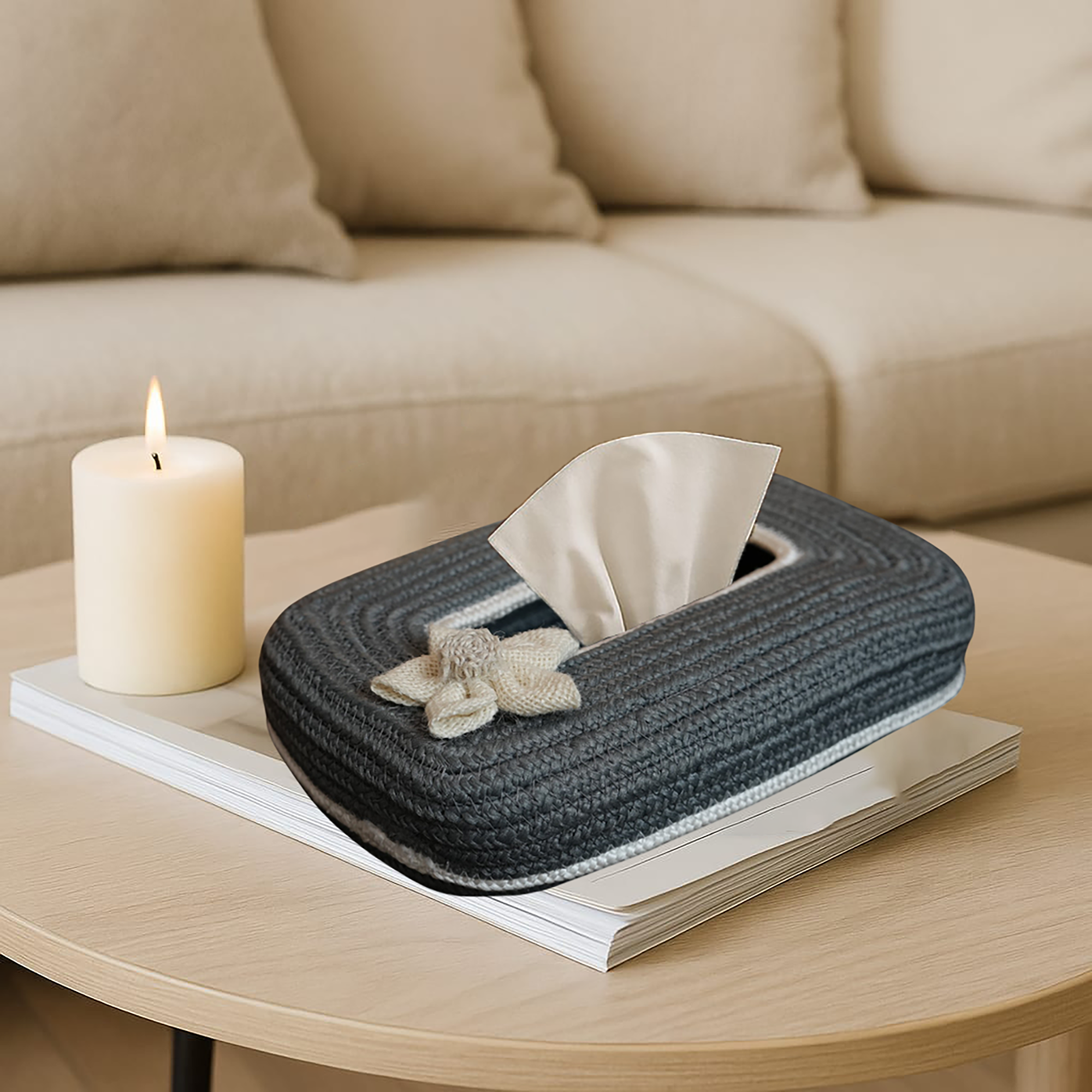 Ariya Dark Grey White Line Tissue Box With White Flower | Rectangular Durable Holder