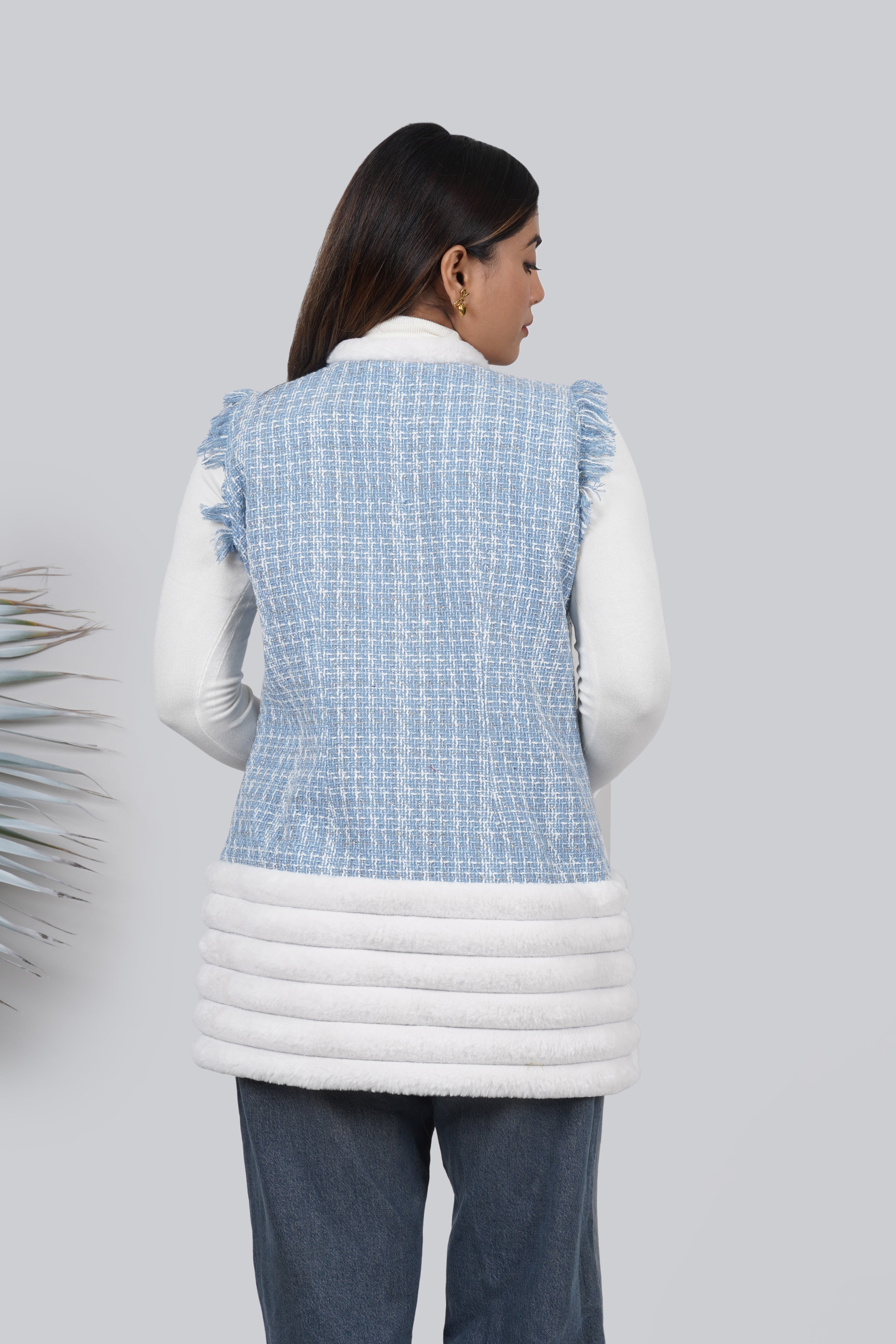 Ariya Threads Blue Frost Tweed Fur Jacket – Winter Warm Stylish