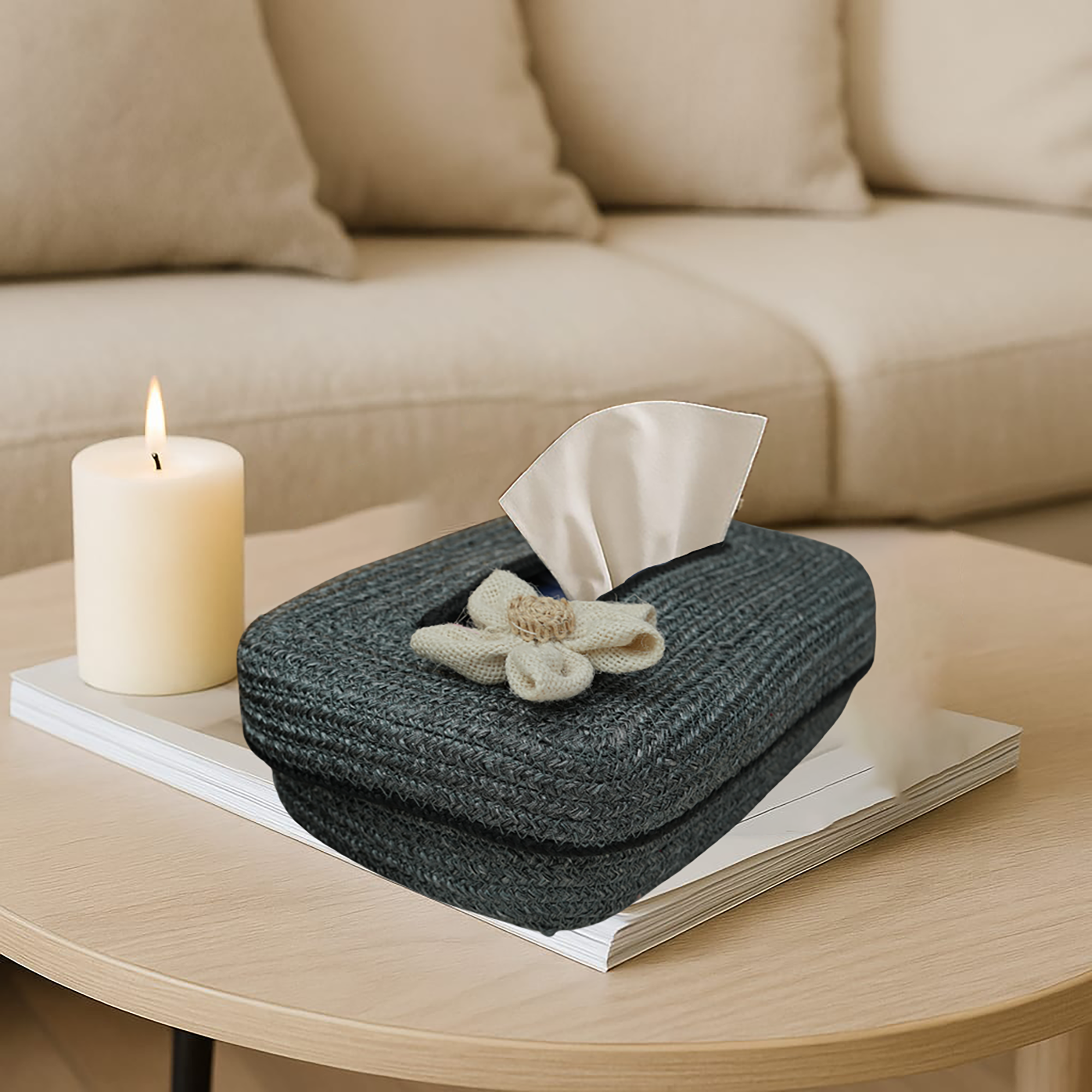 Ariya Grey Black Line Tissue Box With White Flower | Elegant Durable Holder