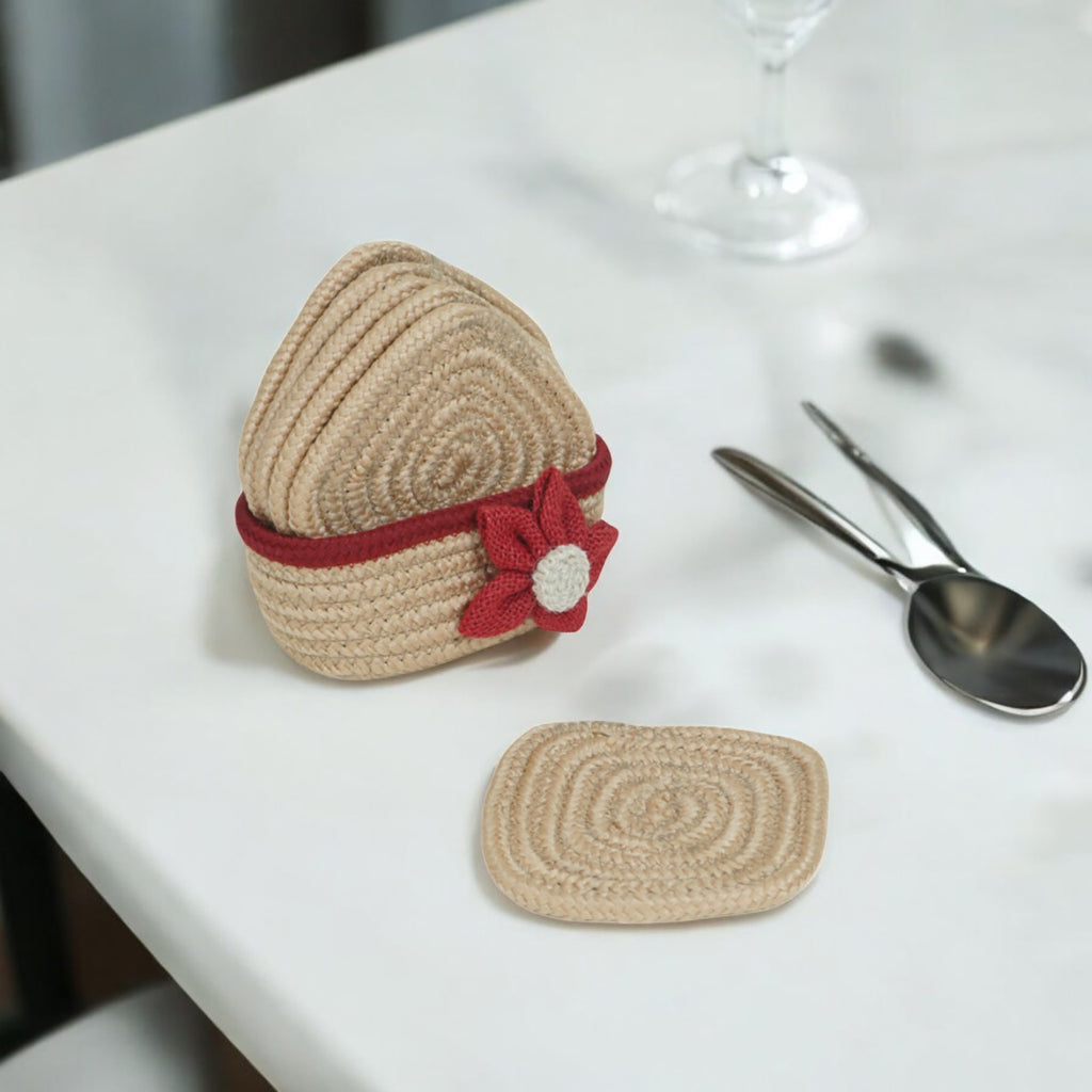 Cotton Coasters Set of 6 - Beige Red Line With Red Flower