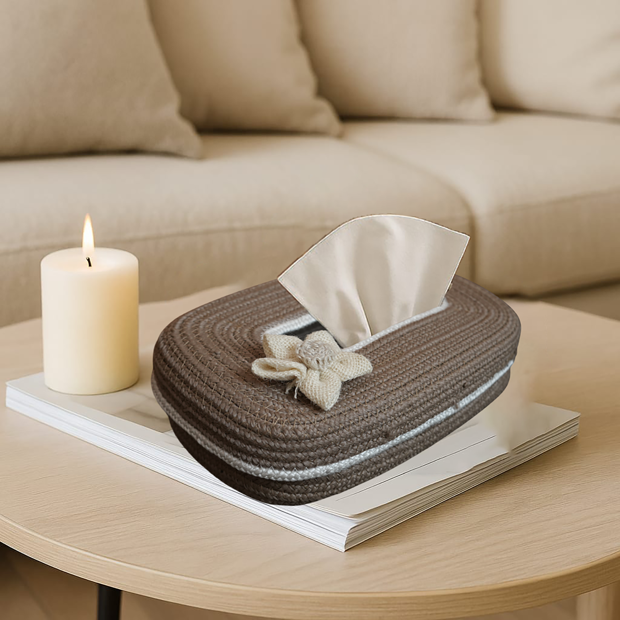 Ariya Tissue Box Cover Beige White Line with Flower Design Elegant Home & Car Use