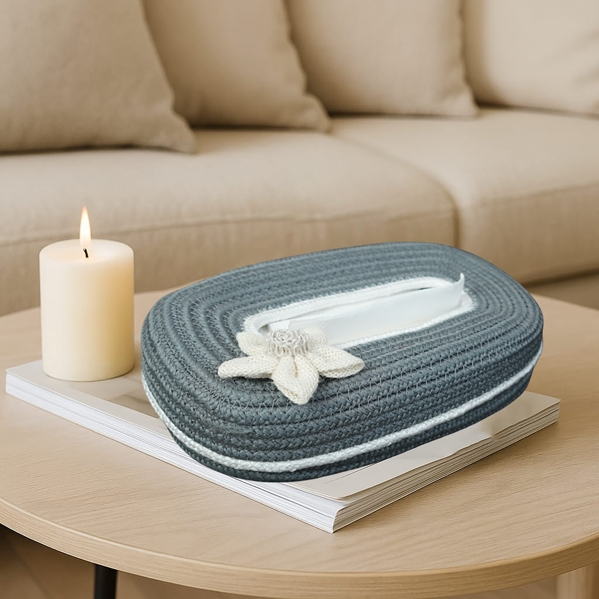 Ariya Grey White Line Tissue Box With White Flower | Elegant Durable Holder