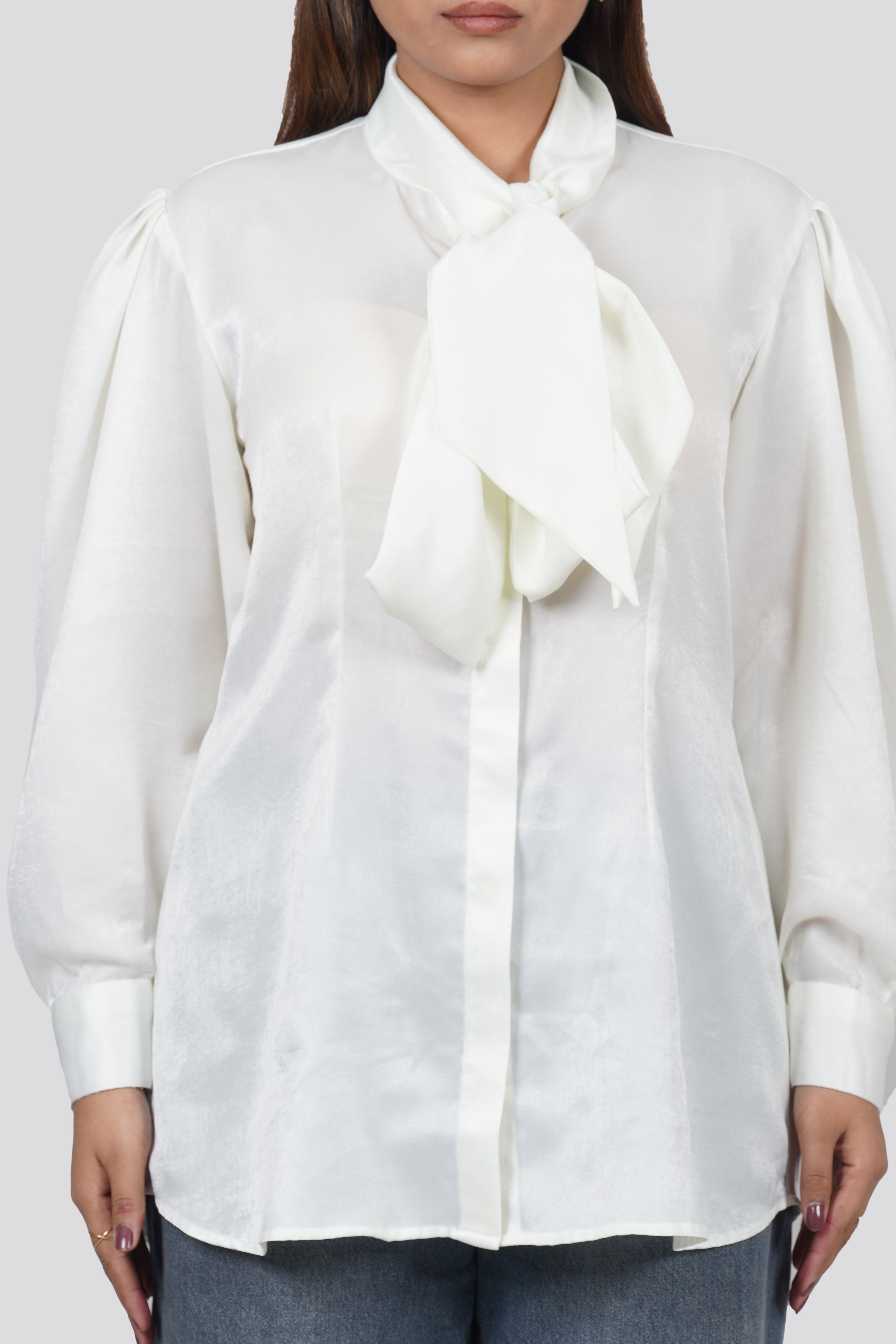 Ariya Threads Ivory Luxe Bow-Tie Satin Shirt – Elegant Party Wear