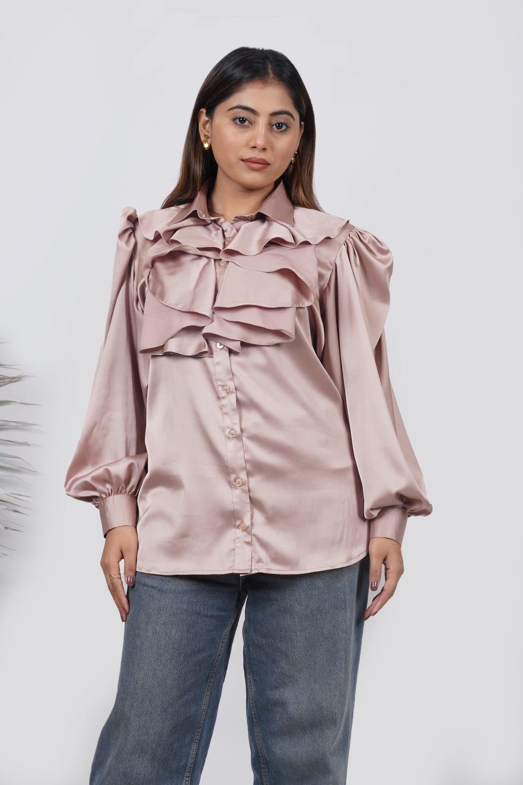 Ariya Threads Ruffle Detail Satin Shirt – Stylish Party & Formal Wear