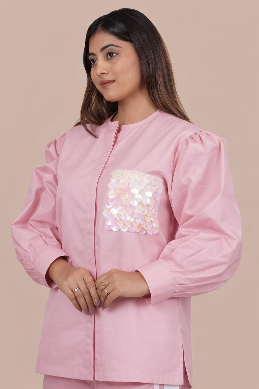 Ariya Threads Women’s Blush Pink Co-Ord Set with Puff Sleeves & Sequin Pocket