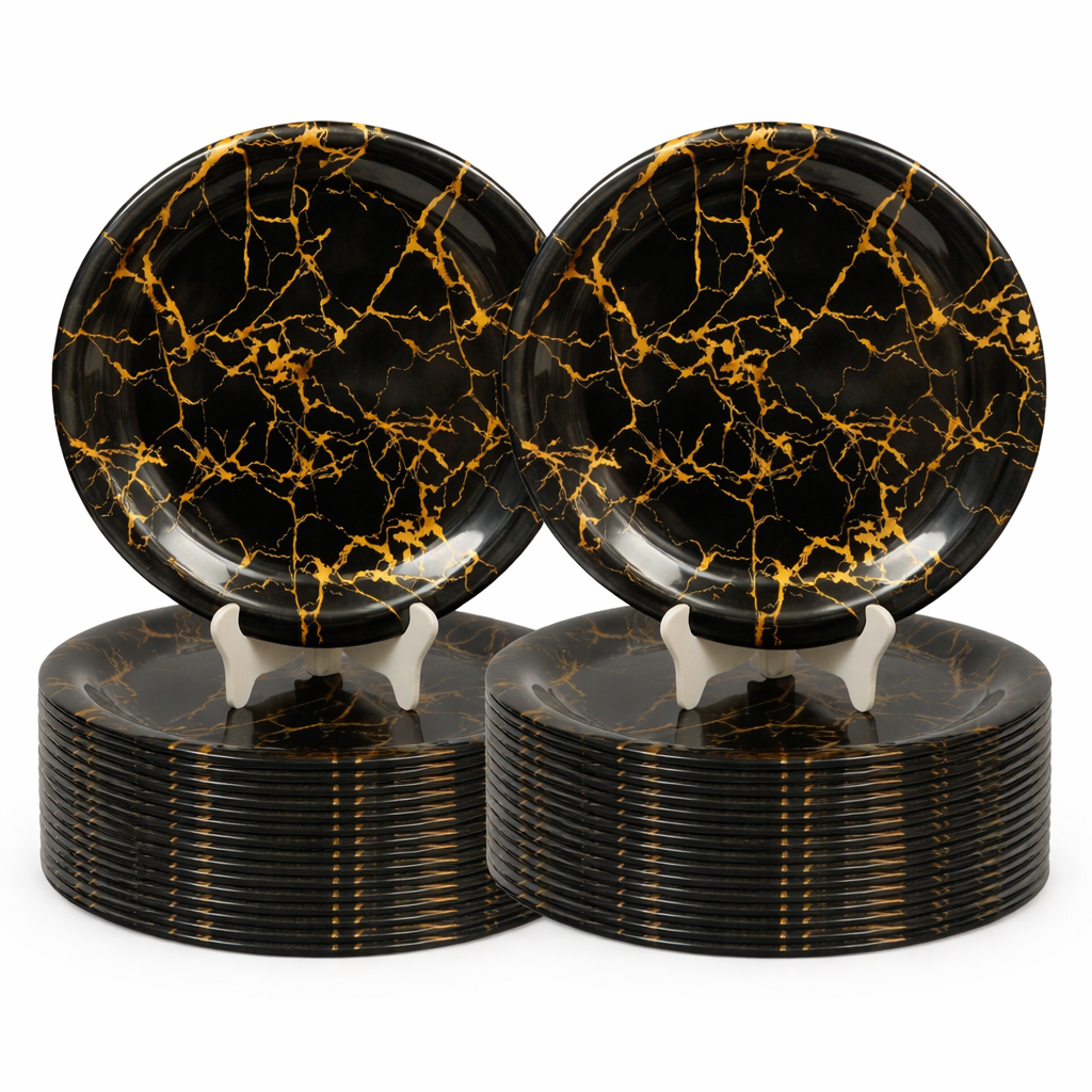 Ariya Melamine Dinner Plates 13 Inch Set of 24 | Midnight Gold