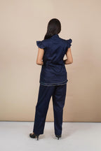 Ariya Threads Women’s Navy Blue Ruffle Sleeve Co-Ord Set with Contrast Piping