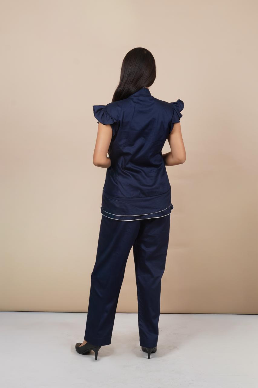 Ariya Threads Women’s Navy Blue Ruffle Sleeve Co-Ord Set with Contrast Piping