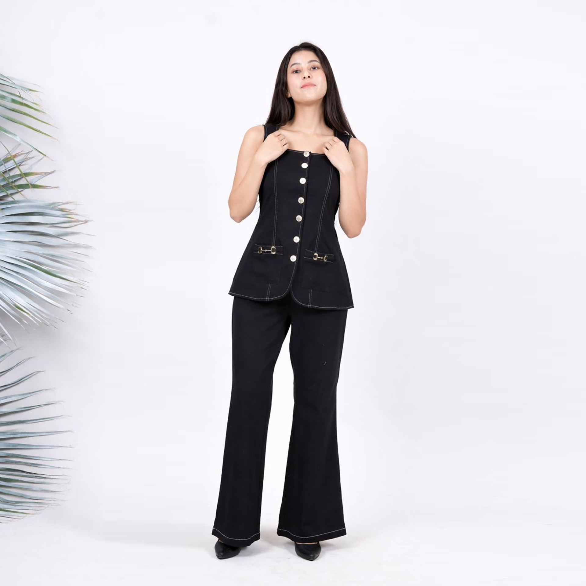 Ariya Threads Women’s Black Denim Sleeveless Vest Co-ord Set with Flared Pants
