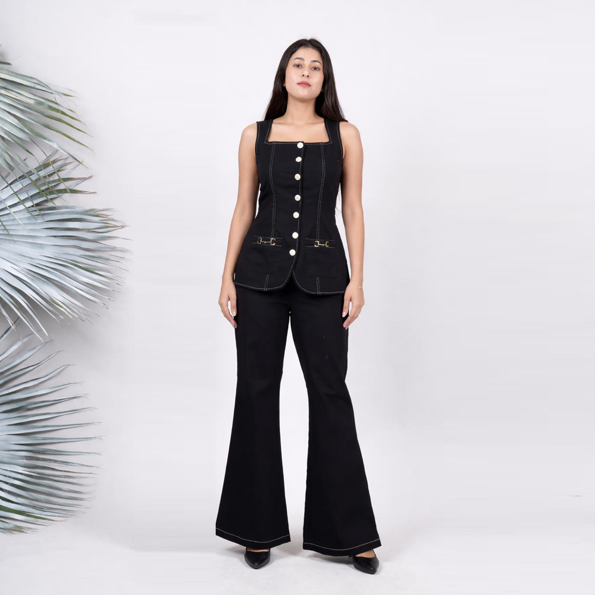 Ariya Threads Women’s Black Denim Sleeveless Vest Co-ord Set with Flared Pants