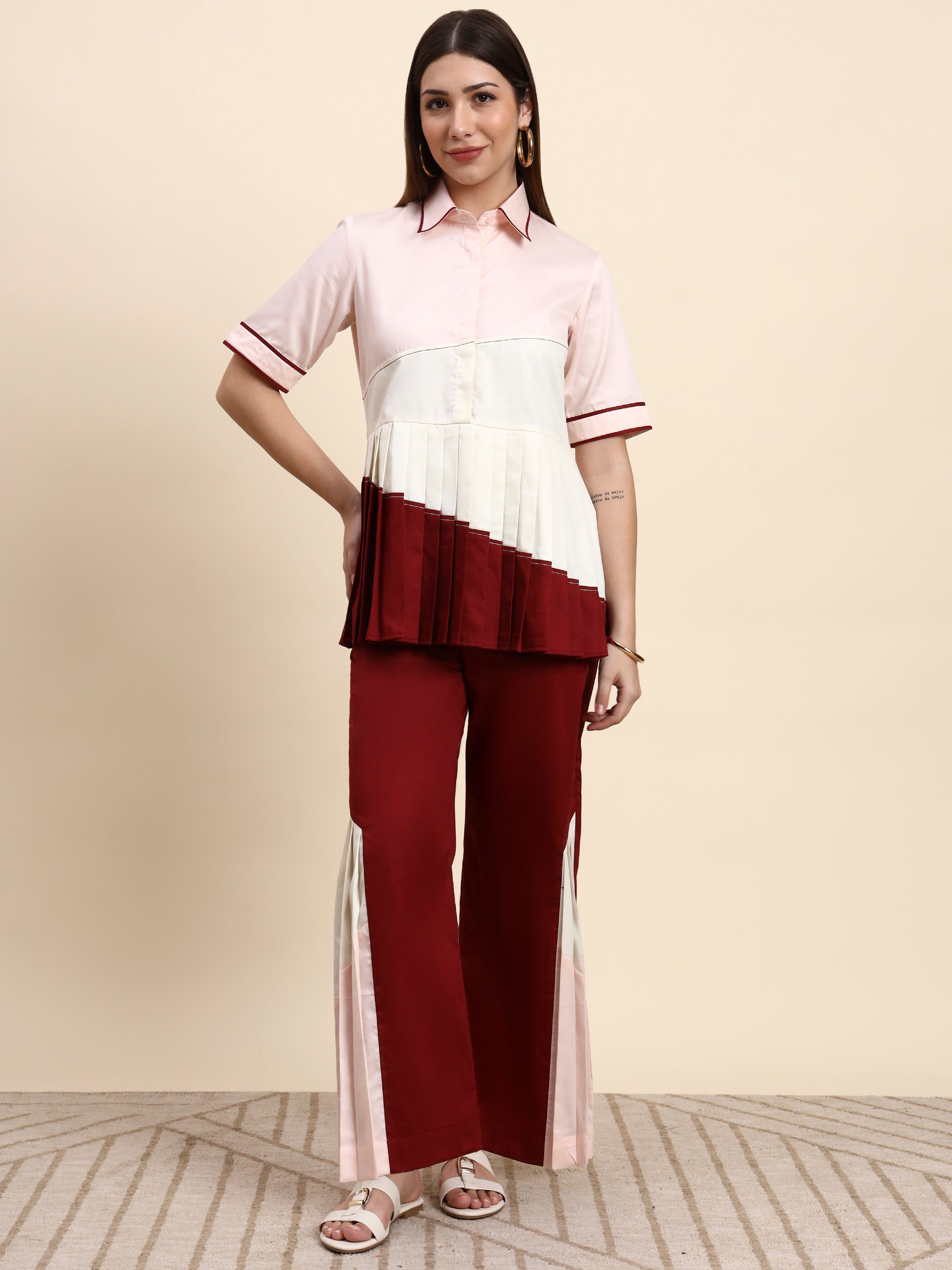 Elegant Pleated Co-ord Set (Blush & Wine)