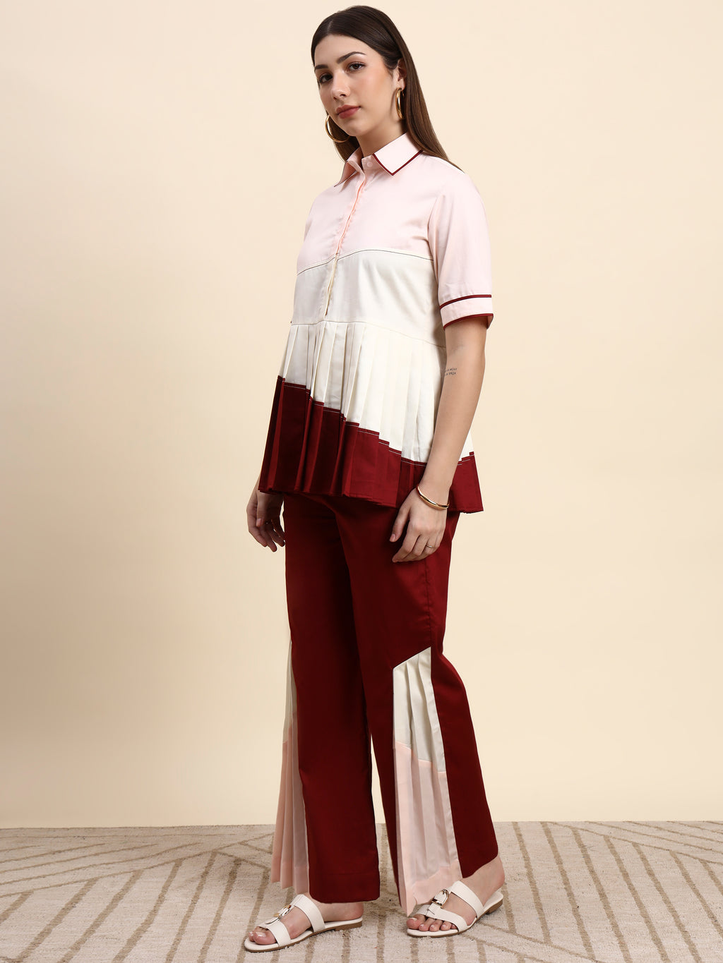 Elegant Pleated Co-ord Set (Blush & Wine)