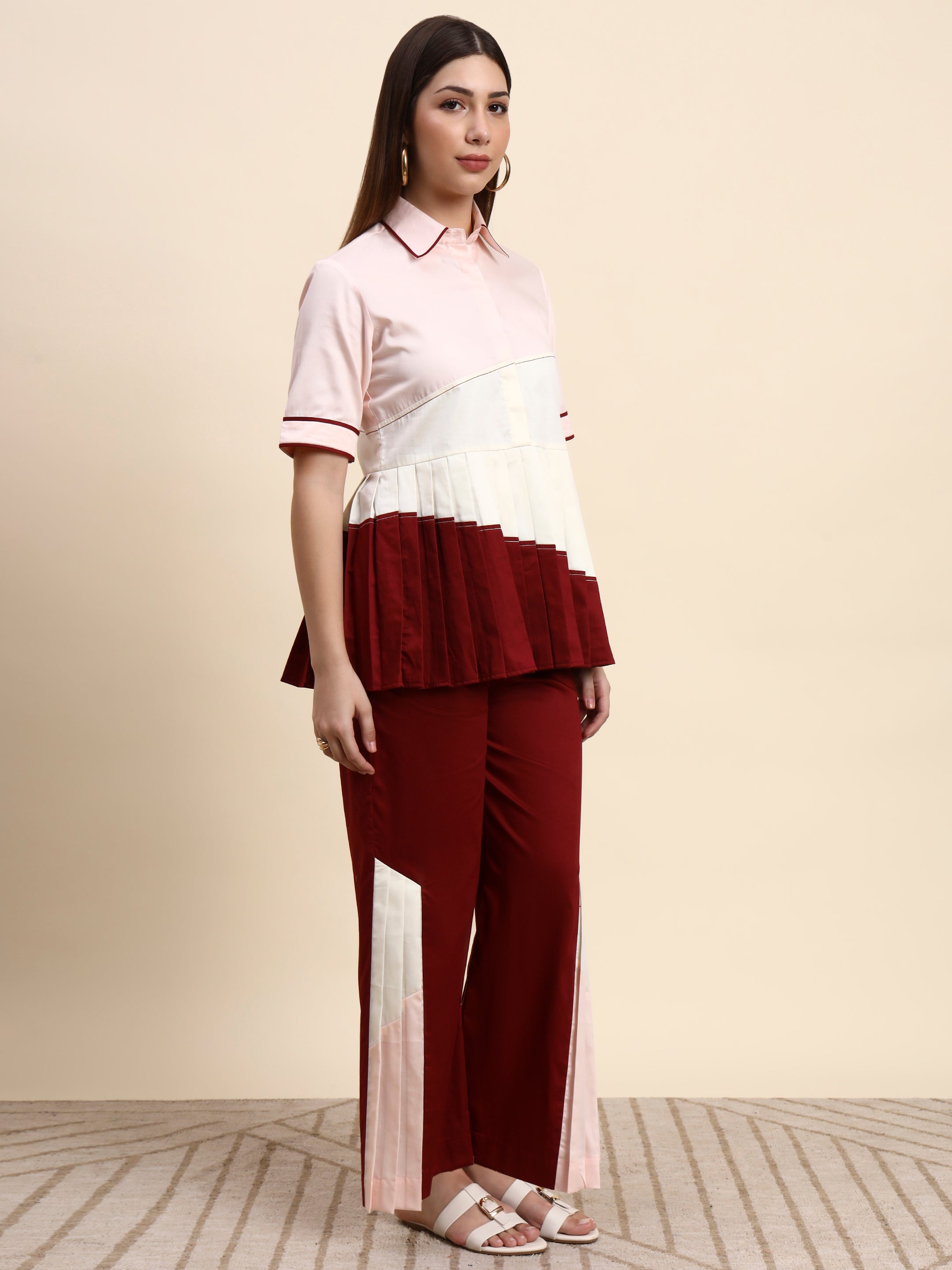 Elegant Pleated Co-ord Set (Blush & Wine)