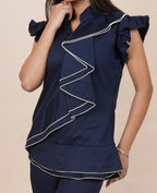 Ariya Threads Women’s Navy Blue Ruffle Sleeve Co-Ord Set with Contrast Piping