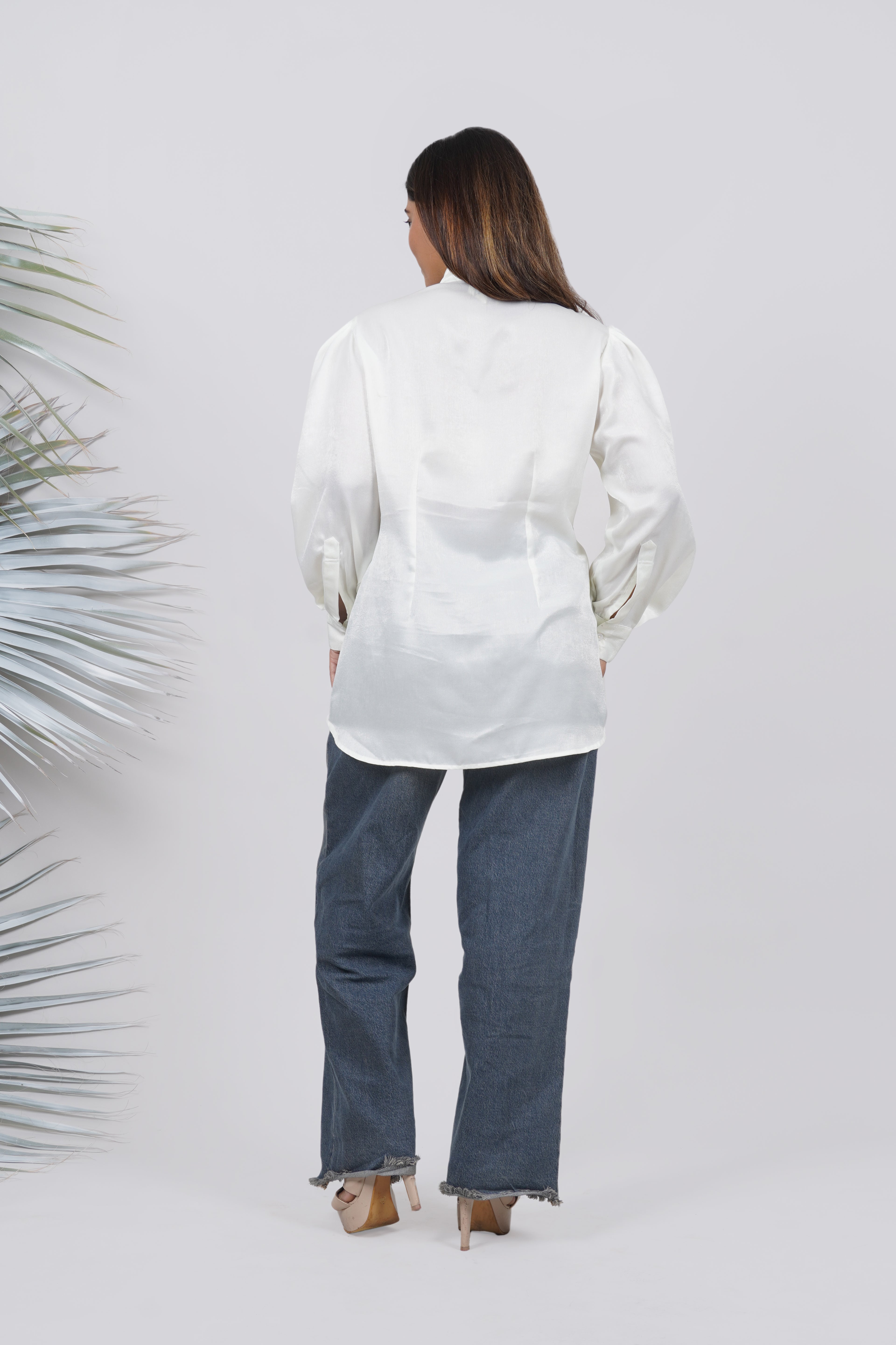 Ariya Threads Ivory Luxe Bow-Tie Satin Shirt – Elegant Party Wear