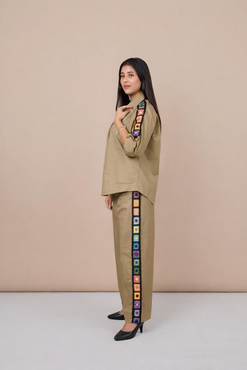 Ariya Threads Women’s Co-Ord Set with Handcrafted Crochet Detail | Shirt & Straight Pants