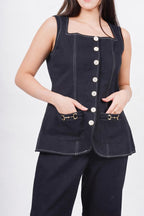 Ariya Threads Women’s Black Denim Sleeveless Vest Co-ord Set with Flared Pants