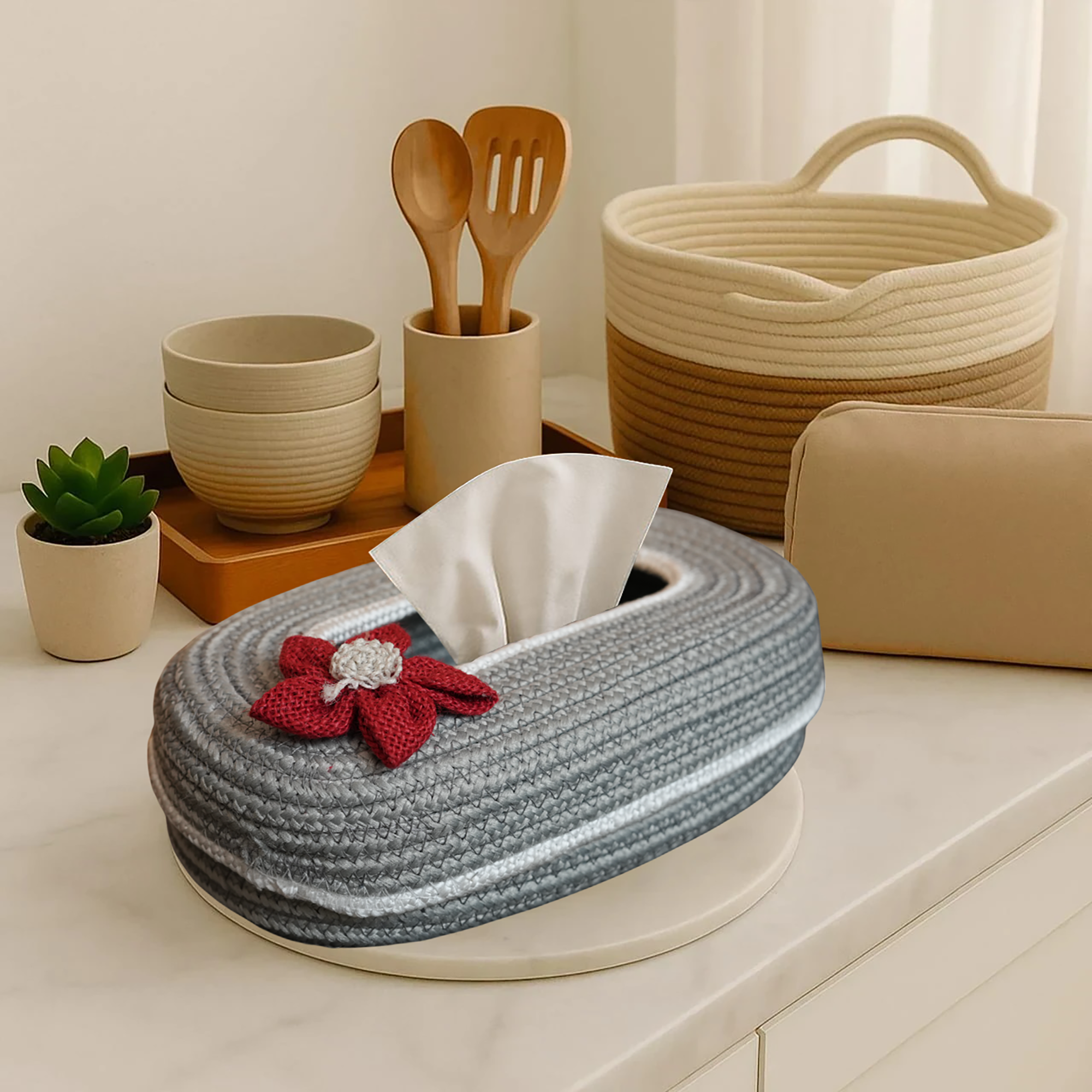 Ariya Light Grey White Line Tissue Box With Red Flower | Elegant Durable Holder